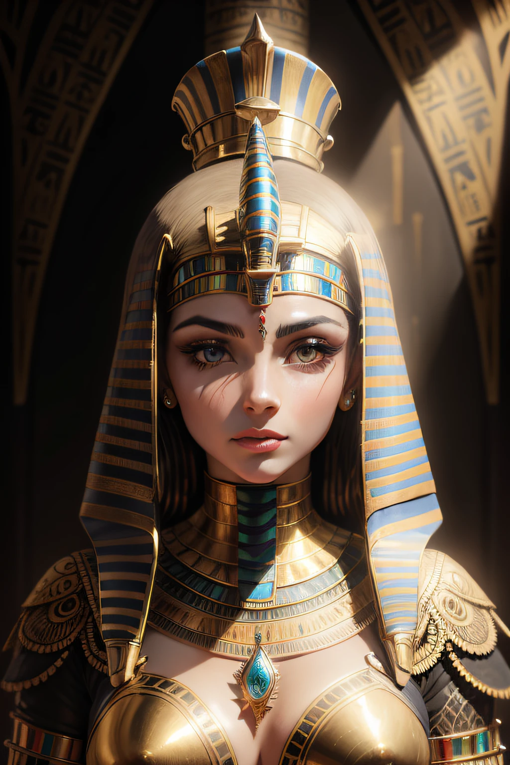 Biomachine:1.3, (Egyptian Art:1.2), olhos bem definidos (colorido:1.2), dourado, ouro, Hans Giger, (zentangle:1.2), granulado, extremamente detalhado, detalhes intrincados, dynamic lighting, fotorrealista, luz natural, baixo h, obra prima, detalhado 8k