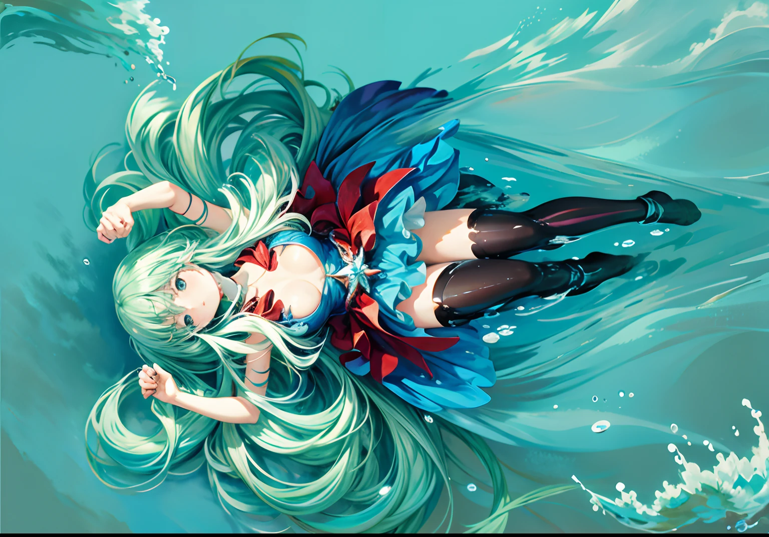 anime girl in a blue short floating in a sea of water, wallpaper anime blue water,  water fairy, floating under water, anime wallaper, sitting in her throne underwater, hd anime wallaper, splash art anime , in the ocean, floating in water, floating in the ocean, hd anime wallpaper, under water