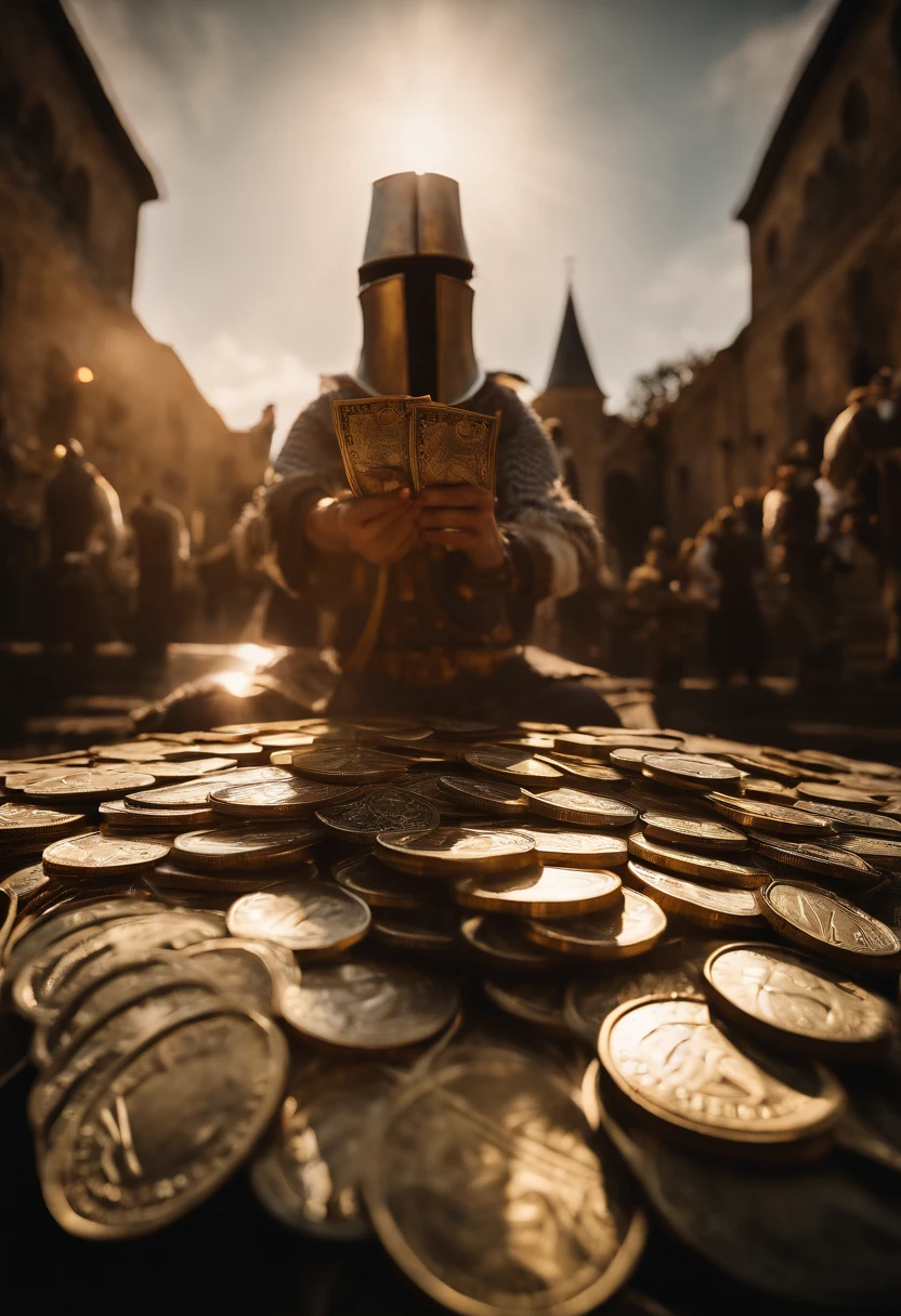 Solaire of Astor’s from Dark Souls holding a stack of money up to the camera fish eye lens.