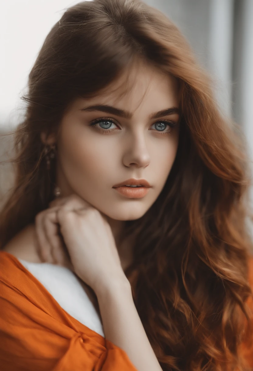 teenage girl, front portrait, orange, very messy shoulder length hair, extremely cute eyes, watery eyes, shining eyes, facing front, sensual accessories,sensual style, crop top, confident gaze, monochrome color scheme, small waist, front-facing, sensual fashion, medium chest, feminine, head,((a person)),Hairpin, pfp