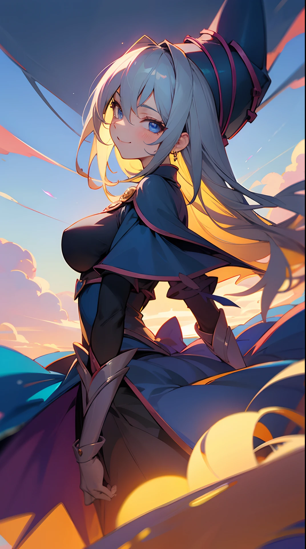 Dark Magician Girl、MKSKS style、Solo、(highly detailed back ground:1.0)、(highly detailed back ground:1.0)、masterpiece、top-quality、超A high resolution、in 8K、upper Shot、(1/2 strong yellow and 1/2 Silver Hair)、BREAK、Detailed skin、glowy skin、A detailed eye、Blue eyes、Burning cheeks、Laughing、Large breasts、BREAK、Luxurious dresses:1.2、Detailed clothing、looking in camera、(Magic Hour:1.2、on clouds)