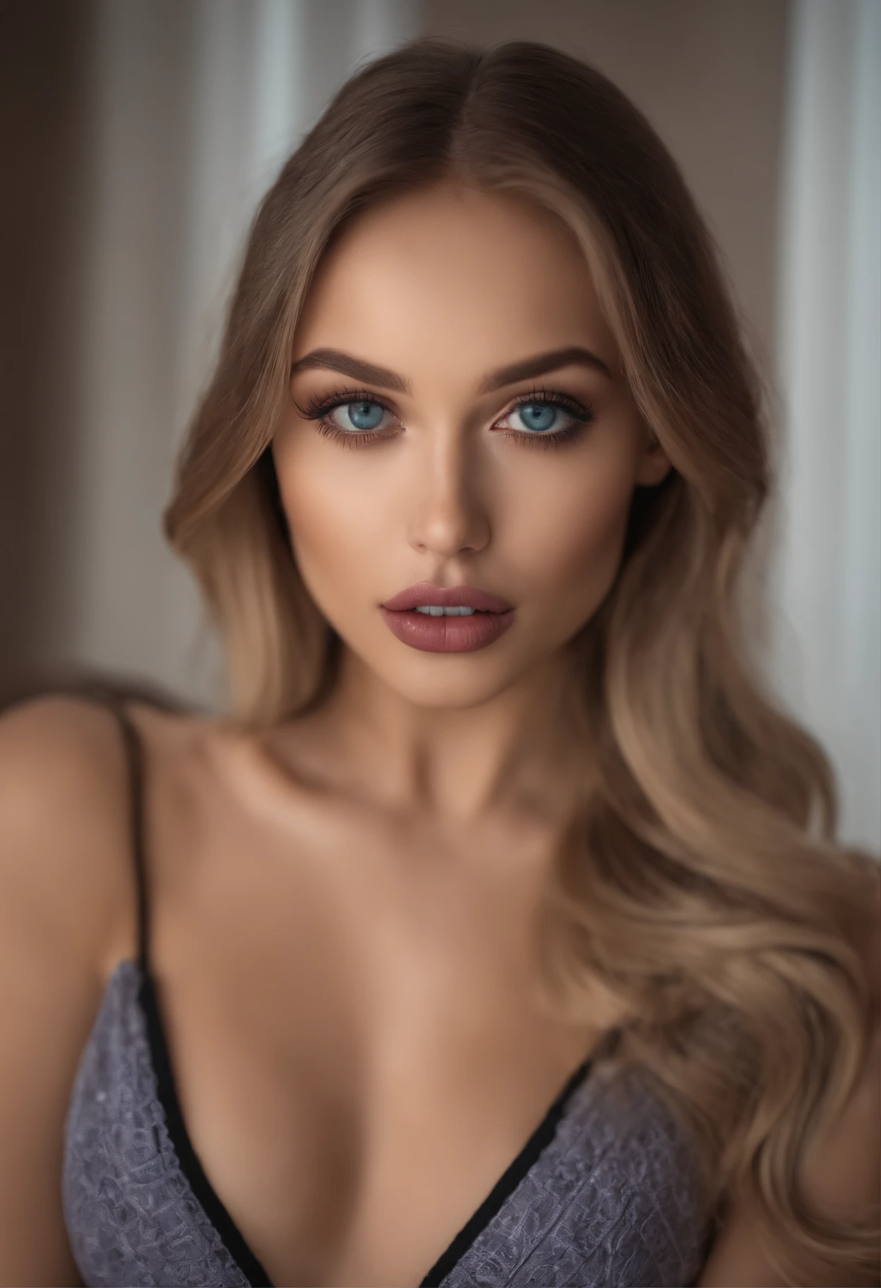 Arafed woman completely , fille sexy aux yeux bleus, ultra realist, Meticulously detailed, Portrait Sophie Mudd, cheveux blonds et grands yeux, selfie of a young woman, Yeux de chambre, Violet Myers, sans maquillage, maquillage naturel, looking straight at camera, Visage avec Artgram, Maquillage subtil, Great photo of the whole body kneeling on the bed, dans la chambre, Buste de grande taille