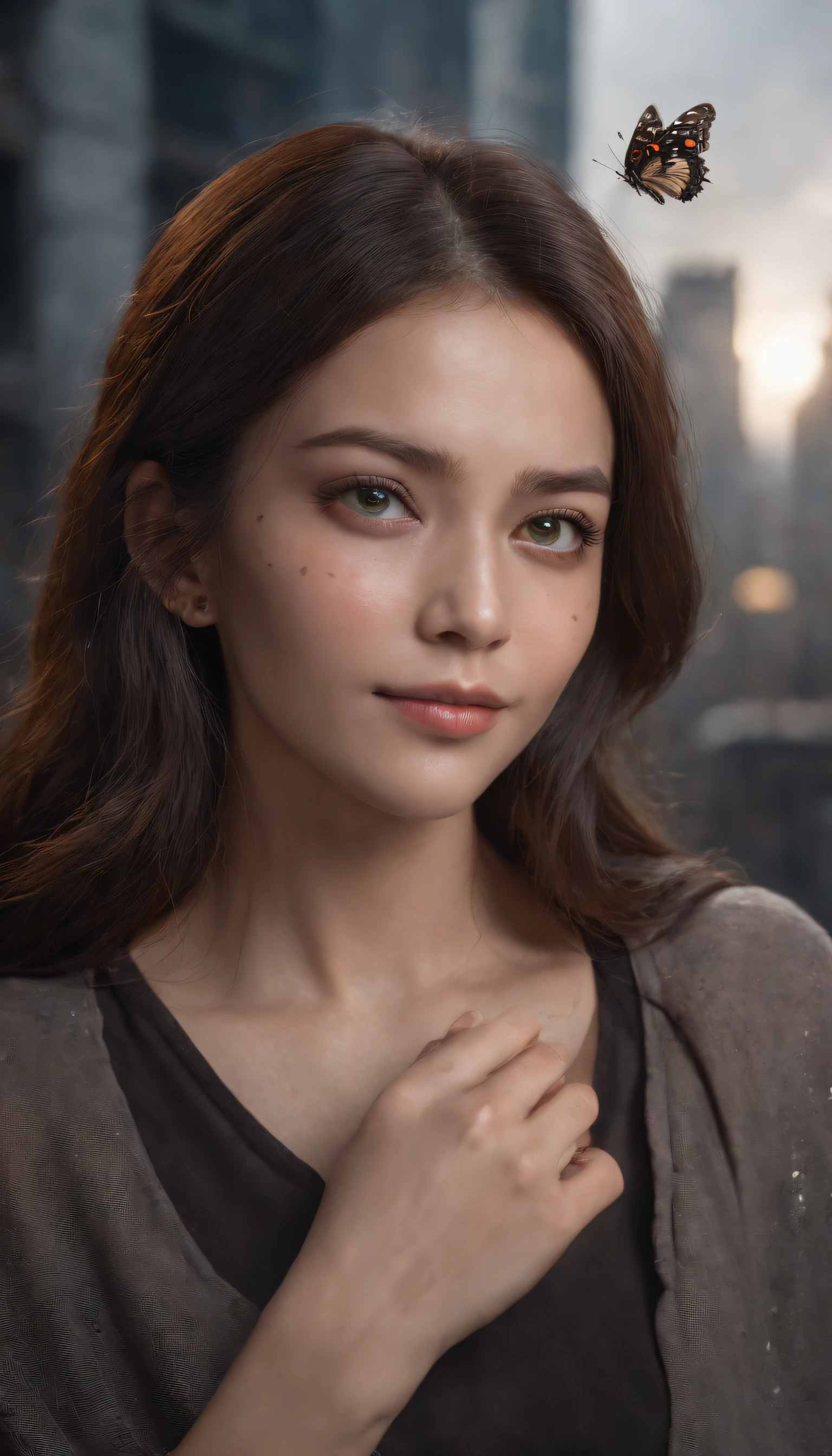 'An ultra-detailed hyper-realistic photograph, super darkness Ultra-realistic depiction of a little girl, sitting with sorrow, agony, ((dried tears drops)), messy and curl hair, dusty face and cloth,(( a destructed city in background, fire, ((human corpse on ground)), some people are crying, destroyed building)), ((a butterfly sits on her finger)),[ (((she is looking at the butterfly with hope and a little bit smile a sun ray lighting her face)))], hyper detailed, dynamic color, black and gray shade, super emotional picture, set against a hauntingly dark backdrop and surrounded by swirling dark smoke. The image should be in a captivating ((9:16 format)),32k, Ultra HD |, dystopian city dynamic pose, Beautiful detailed symmetrical green eyes, 30-megapixels, 4k, Canon EOS 5D Mark IV DSLR, long exposure time, f/8, ISO 100, shutter speed 1/125, diffuse-back-lighting,front facing camera, staring at the camera,facial-symmetry, Ultra-detailed photography, global ilumination, Suave, ultra-high def, 8k, Motor Unreal 5, Ultra Sharp Focus, rewarded photography, tendencias'', 20 years old, filipino woman, philippines