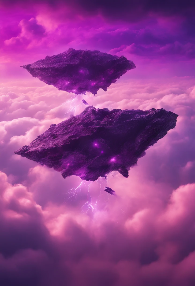 Futuristic alien ships flying above the clouds, dim sky, purple lighting, chuva,lightnings, hyper realistic, altamente detalhado,8k