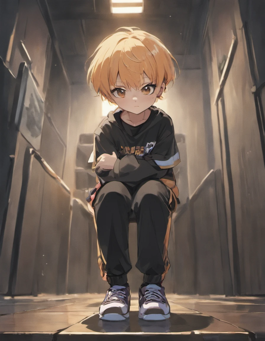 1 bishounen. Black bowl cut japanese. Chunky white highlights on side. jitome. Black V necked t-shirt. camouflage pants. kneeling on one leg. japanese animation. masterpiece.
