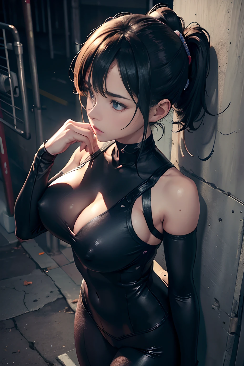 NSFW, (((Top quality, Photo realism, tmasterpiece))), 19-year-old girls, Wear a black skinny bike suit, Dark blue ponytail, Height 165 cm, huge tit, Buttock augmentation, Fitness model, A shy and nervous expression, Ruddy cheeks, Wheezing, perspire, The whole body is drenched, Standing in front of a group of male prisoners。The prisoners looked at her intently, Fall into a dimly lit alley, Full body perspective, View from above.