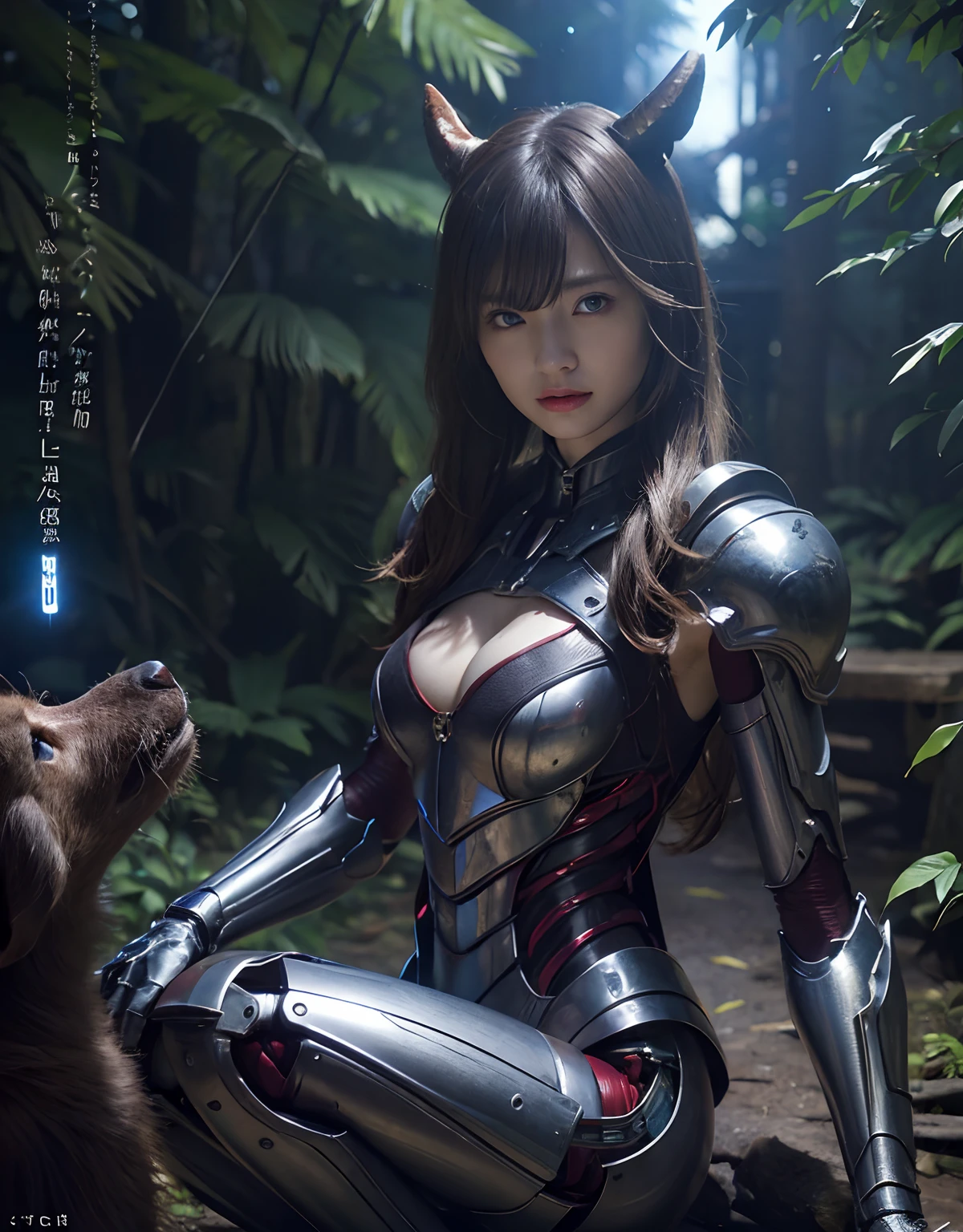 (1 Mechanical Girl)、top-quality、masterpiece、超A high resolution、(Photorealsitic:1.4)、Raw photo、女の子1人、Fight mutants、glowy skin、(((1 Mechanical Girl)))、With a beautiful knife、(Green Metal Bodysuit)、(Fight goblings、ogre、Fierce battle with orcs),(Fight fiercely against aliens)、Fight fiercely、(beautiful forest background)、(Fighting Demonic Beasts)、(Small LED)、((super realistic details))、portlate、(Strong giant demon beast background),globalillumination、Shadow、octan render、8K、ultrasharp、Colossal tits、Raw skin is exposed in cleavage、metals、Details of complex ornaments、Japan details、highly intricate detail、Realistic light、(Mystical expression),CGSoation Trends、Blue eyes、radiant eyes、Facing the camera、neon details、(Mechanical limbs)、(blood vessels connected to tubes)、Mechanical vertebrae attached to the back、mechanical cervical attaching to neck、(Wires and cables connecting to the head)、Gundam、Small LED、,Mechanical thighs、Toostock、(Hands are also made of machines)、(Attack of the Monster Beasts)、(Wounded in a deadly battle)、