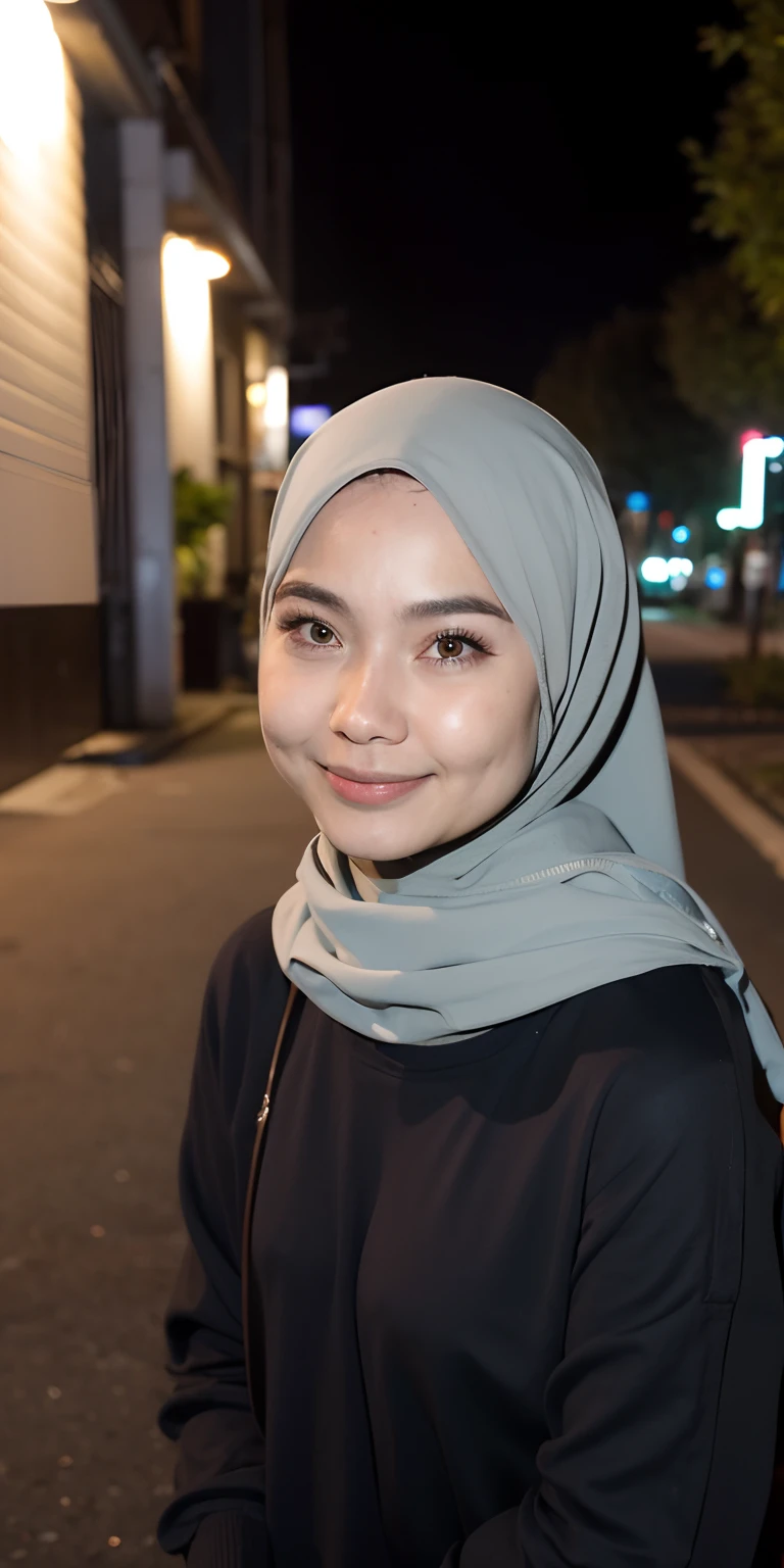 1 matured malay girl in hijab, Tokyo street,night, cityscape,city lights,upper body,close-up,smile,, (8k, RAW photo, best quality, masterpiece:1.2),(realistic, photo-realistic:1.37),