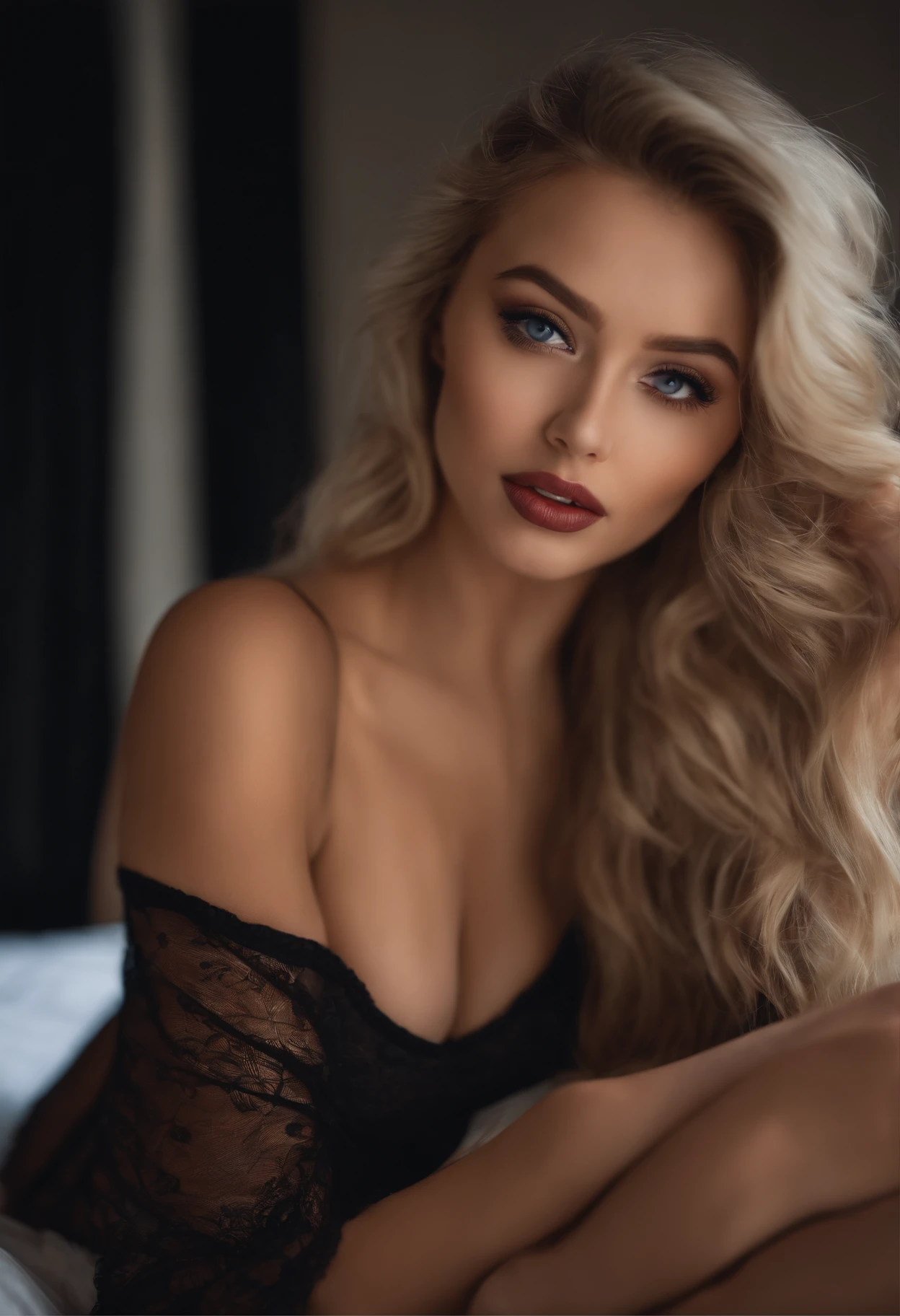 Woman, Sexy girl with blue eyes, portrait sophie mudd, portrait corinna kopf, blonde hair and large eyes, Selfie einer jungen Frau, Augen im Schlafzimmer, Violet Myers, ohne Make-up, Natural makeup, Blick direkt in die Kamera, Gesicht mit Artgram, dezentes Make-up, Stunning full body shot, im Schlafzimmer, sexy red underwear, mouth closed, booty