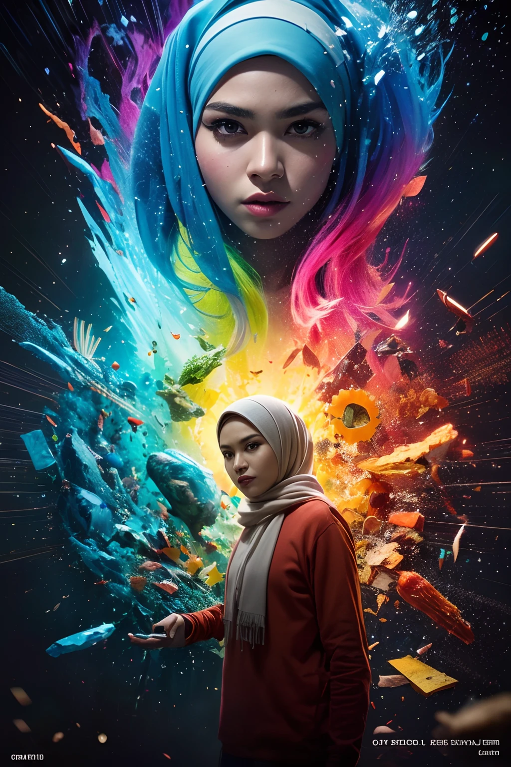 (front focus),(in the dark:1.6),
(masterpiece, top quality, best, official art, beautiful and aesthetic:1.2),(masterpiece, top quality, best quality, official art, beautiful and aesthetic:1.2),(masterpiece, top quality, best quality, official art, beautiful and aesthetic:1.2), 1 malay girl in hijab, glitch art, (digital distortion), pixelated fragments, data corruption,colorful noise, visual chaos,contemporary aesthetics