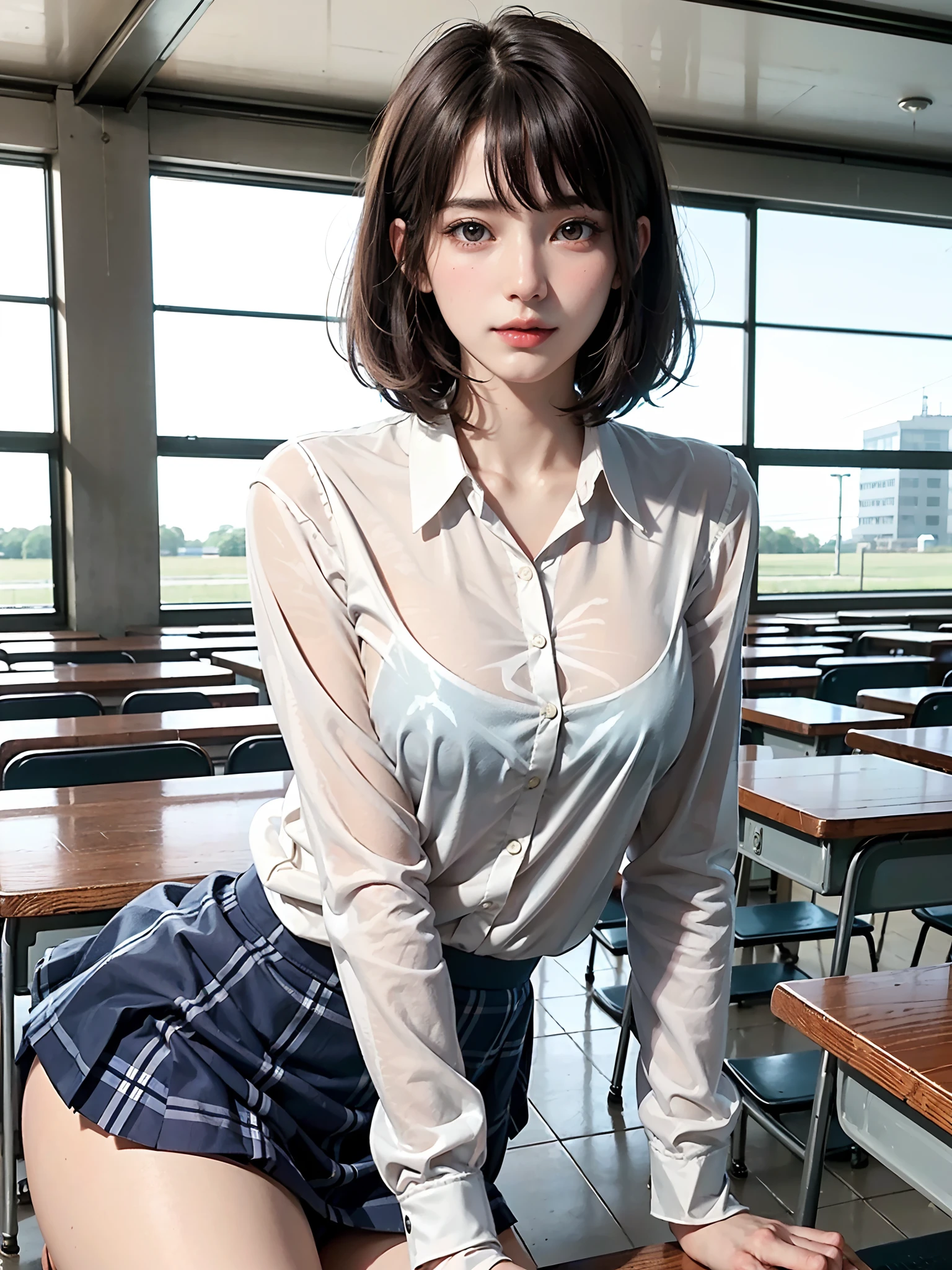 (masterpiece、top-quality:1.2), Surreal Schoolgirl, 独奏, 1girl in, Yukinoshita Yukino, (shinny skin、wetted skin:1.2), Wearing sweat, I'm smiling really happily, Watch your audience carefully, all-fours, 校服, white shirt, plaid skirts, thighs thighs thighs thighs, PM, Classroom Surreal High School Girl、Very tall woman、short hair with clean bangs of 46 points,,、the neck is long、Put your ears out、Distinct double eyelids、big eye、The beauty of the golden ratio、Perfect Anatomy、Perfect and detailed body