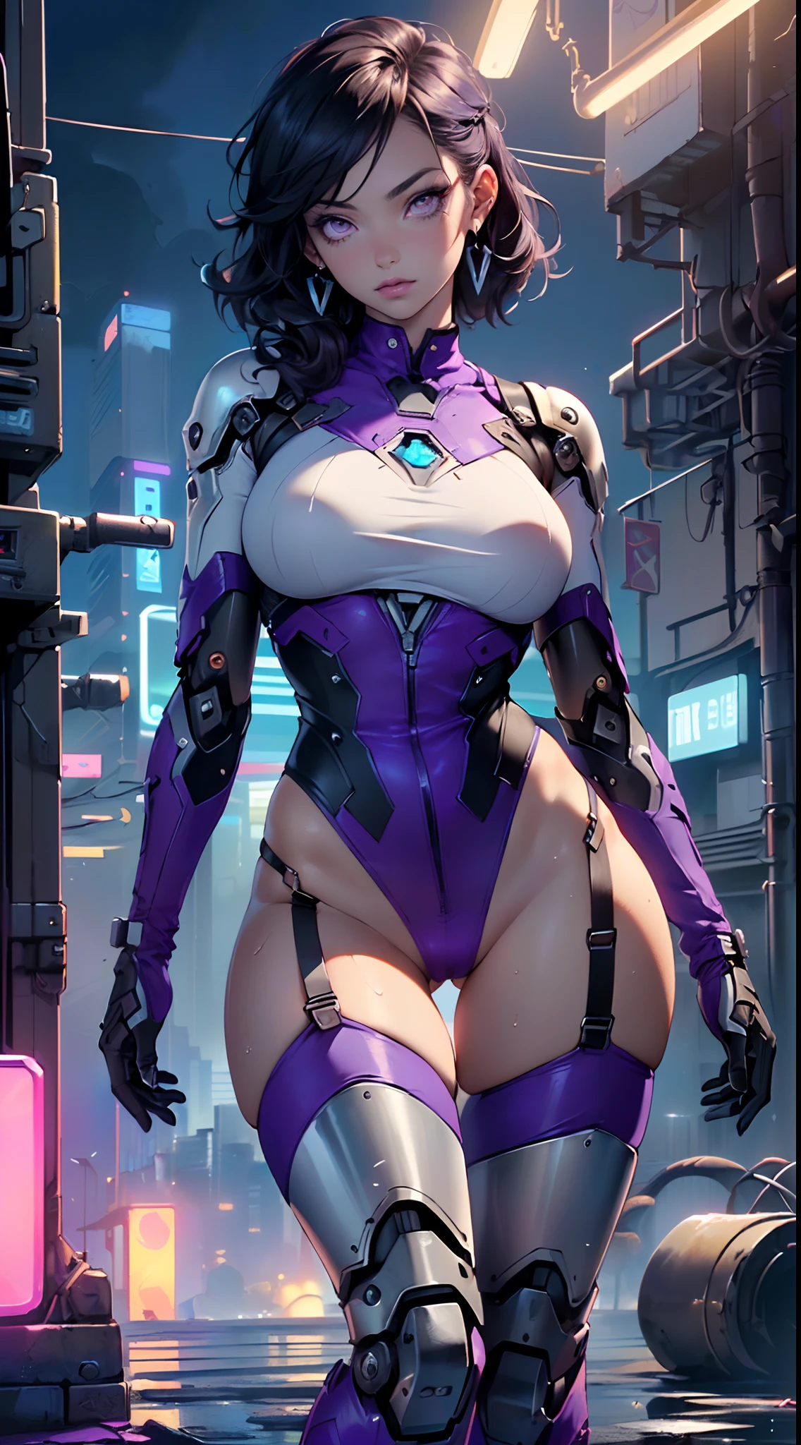 girl robot,(Invisible face,silver female robot,metallic shining body,heroic, (detailed eyes),lustrous lips,(Glossy hair),beautiful hair,(shiny skin),dyed cheeks, thin waist legs,thighs,(shine),((mechanical arms,mechanical legs,mechanical breasts)),warframe,liquid metal girl,(((purple_eyes:1.3))),eyes without pupils,symmetrical eyes,big eyes:1.5,details eyes,(spider lower abdomen,narrow waist,wide hip,imbo body,inflated legs,detailed body,(detailed face)),Wild Spike purple Saiyan,(large breasts:1.4),
cute,slutty,seductive,erotic,(((nsfw))),
(scars in both eyes:1.3, scars in the skin:1.3),shiny clothes,((thigh high cut:1.5, bare thighs:1)),((huge mechanical ring in the neck)),((mechanic thong:1.5),((huge earrings with LED lights:1.2)),((machine-made joints: 1.4)), ((mechanical limbs:1.2)),((mechanical parts:1.4)),(mechanization:1.2, future),(wires and cables attached to the head and body: 1.5),(show skin:1.3)
((wet clothes,intricate outfit,intricate clothes)),
(dynamic pose:1.0),solo focus,embarrassed,(centered,scale to fit dimensions,Rule of thirds),
cyberpunk city by the ocean at night, with bright neon signs and dark stormy clouds and puddles, scenery:1.25,
artistic photography,(photography taken by sldr),highres, sharp focus, (ultra detailed, extremely detailed), (photorealistic artwork:1.37),(extremely detailed CG unity 8k wallpaper),((synthwave background theme)),(((vibrant colors))),(intricate background),(masterpiece),(best quality),