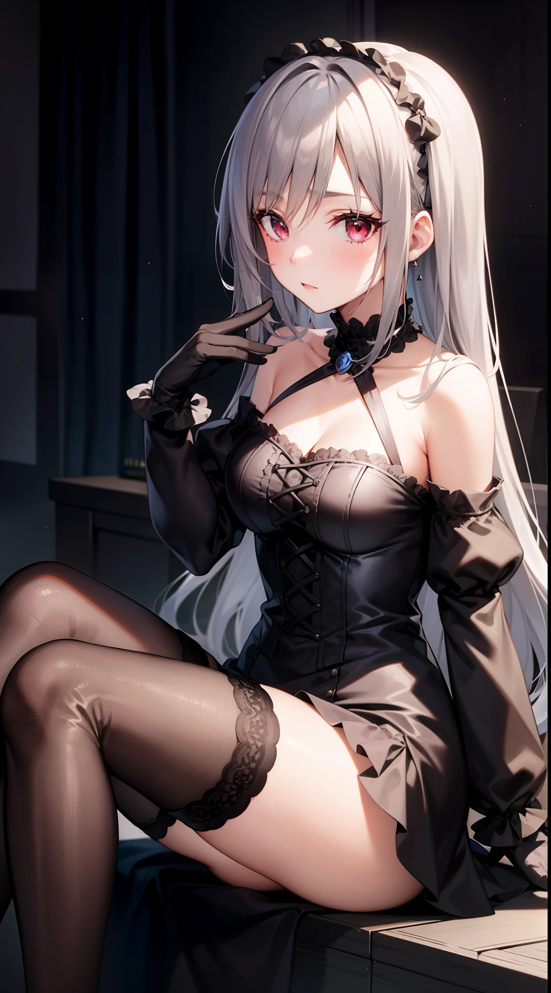 1girl,gray hair,Ranko Kanzaki,shoulder,Gothic ****ta,black gloves,sitting,two legs,legs focus,black thigh high stockings,knee boots