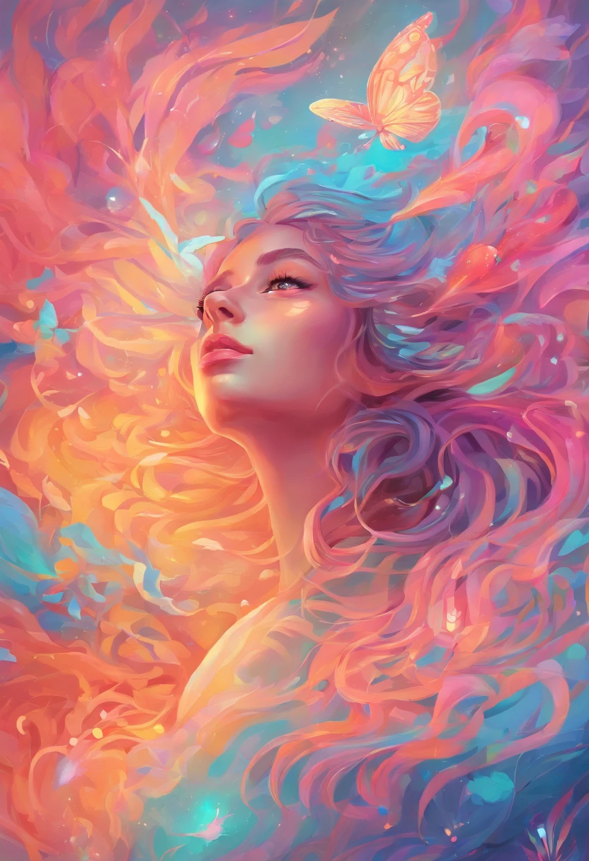 soft pastel colors, cartoon style illustration of a woman as she sees the world while experiencing hallucinations, stoned, splash art, splashed pastel colors, (soft iridiscent glowy smoke) motion effects, best quality, wallpaper art, UHD, centered image, MSchiffer art, ((flat colors)), (cel-shading style) very vibrant neon colors, ((low saturation)) ink lines, iridiscent,
