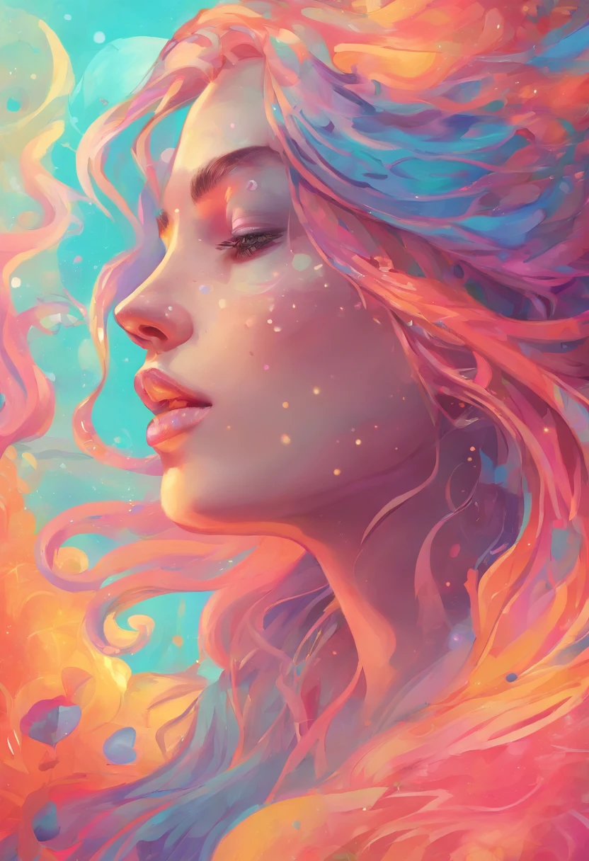 soft pastel colors, cartoon style illustration of a woman as she sees the world while experiencing hallucinations, stoned, splash art, splashed pastel colors, (soft iridiscent glowy smoke) motion effects, best quality, wallpaper art, UHD, centered image, MSchiffer art, ((flat colors)), (cel-shading style) very vibrant neon colors, ((low saturation)) ink lines, iridiscent,
