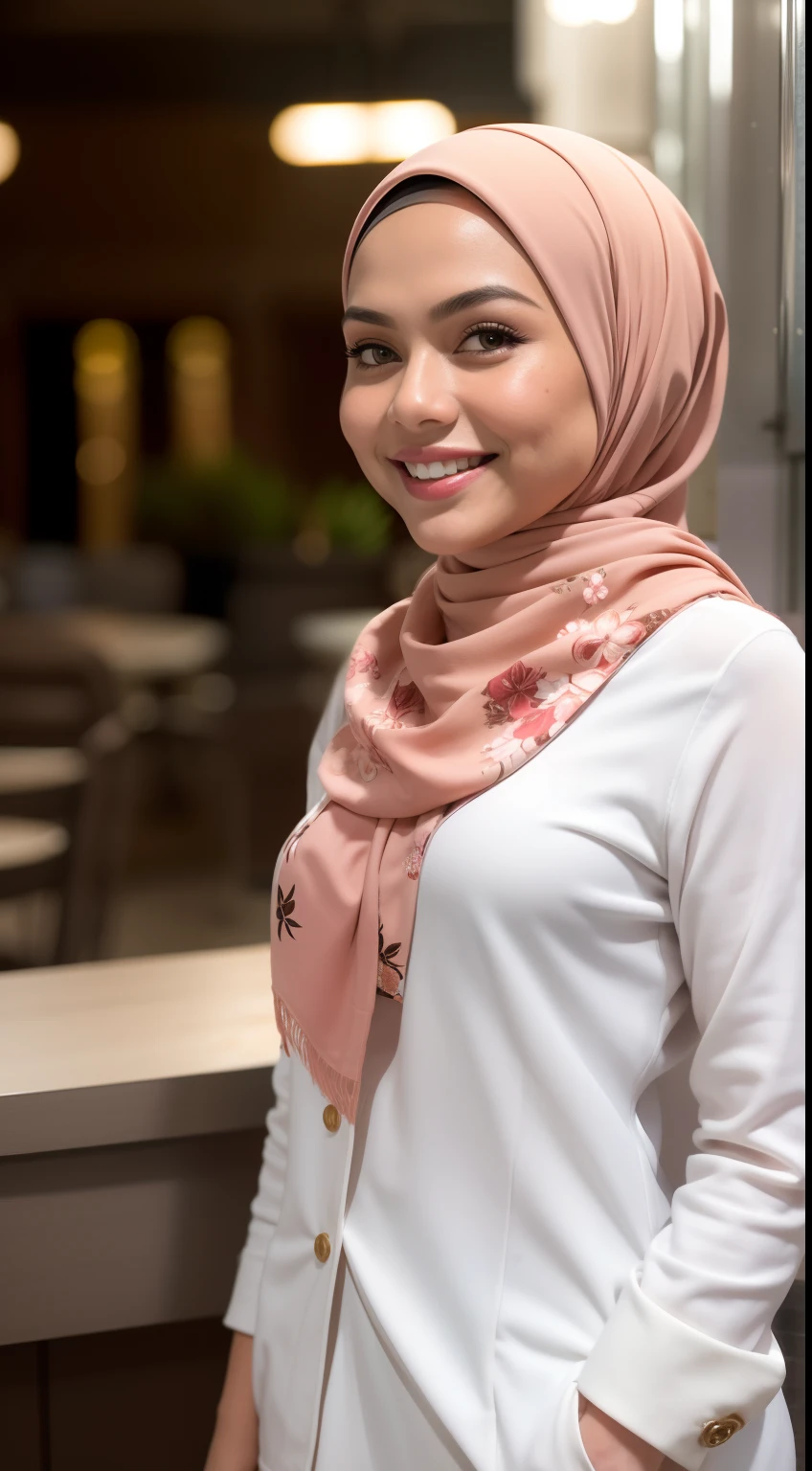 Malay girl in hijab, wear small floral pastel white color shirt and High Waist Plicated white Suit Pants , laughing and posing with both hand on top of her head, touching her own white head, wear backpack, front view, hijab blown, windy, detail skin, age spot, detail skin texture, mole below eyes, small breast, flat chest, wide hips, small waists, thick thighs, slim abs, beautiful body, nighttime, laughing, happy, bright lighting, college student in background, crowded cafe, blur background, bokeh,