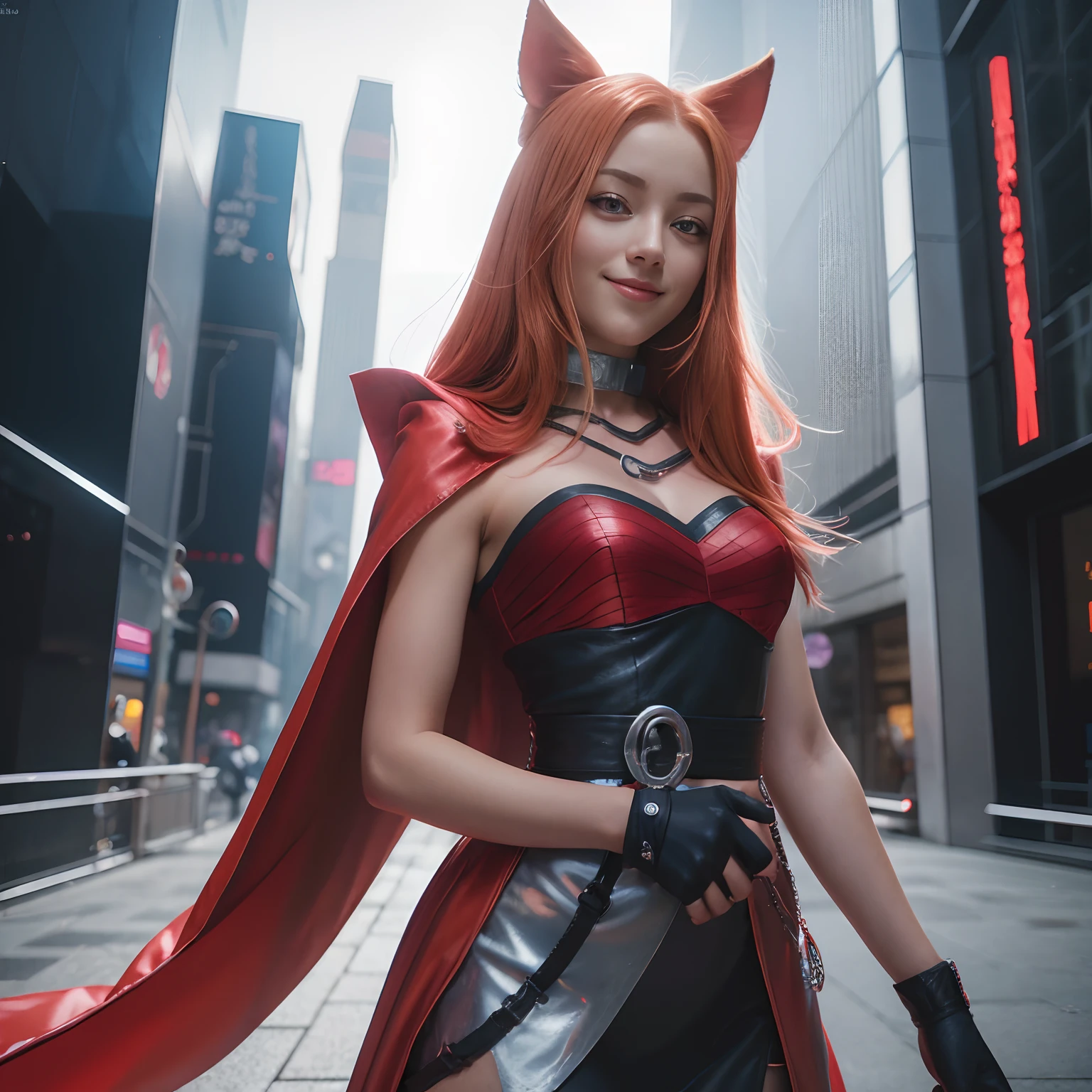 Little Red Riding Hood Costume 23-year-old woman orange hair beautiful face tender look mischievous smile cyberpunk anime manga with electronic equipment in the city of Neo Tokyo in the year 2077 photorealistic image with 16 HD resolution