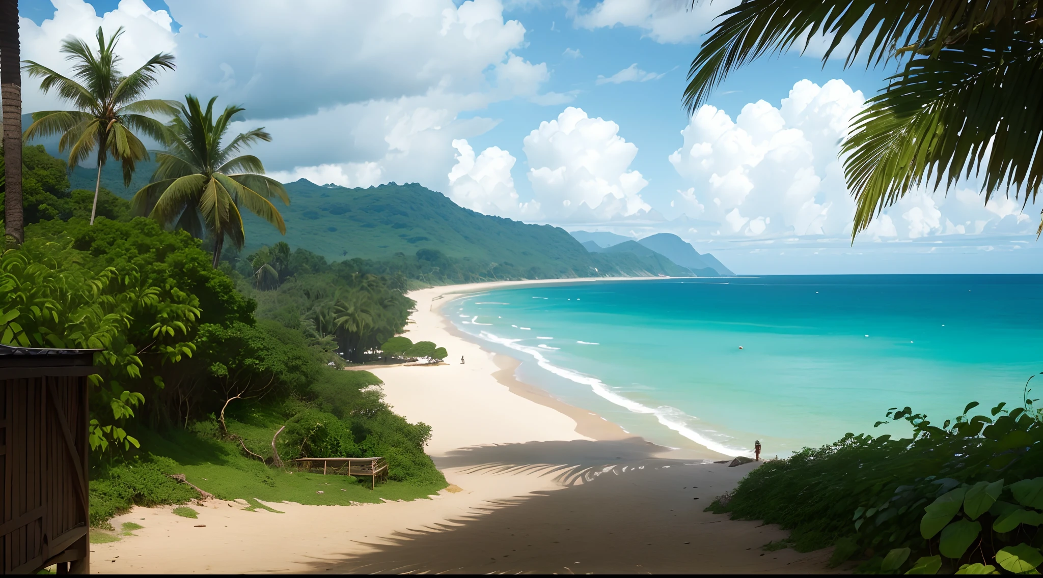 West Africa,  wilderness, daytime, wooden dock, Gulf of Guinea, Sao Tome, vegetations, tress,, stones, open space, coastal, background is a bay, 15th century, ancient, barbarian, primitive culture, no man no girl ,no woman, no boy, no people, no human ,wallpaper