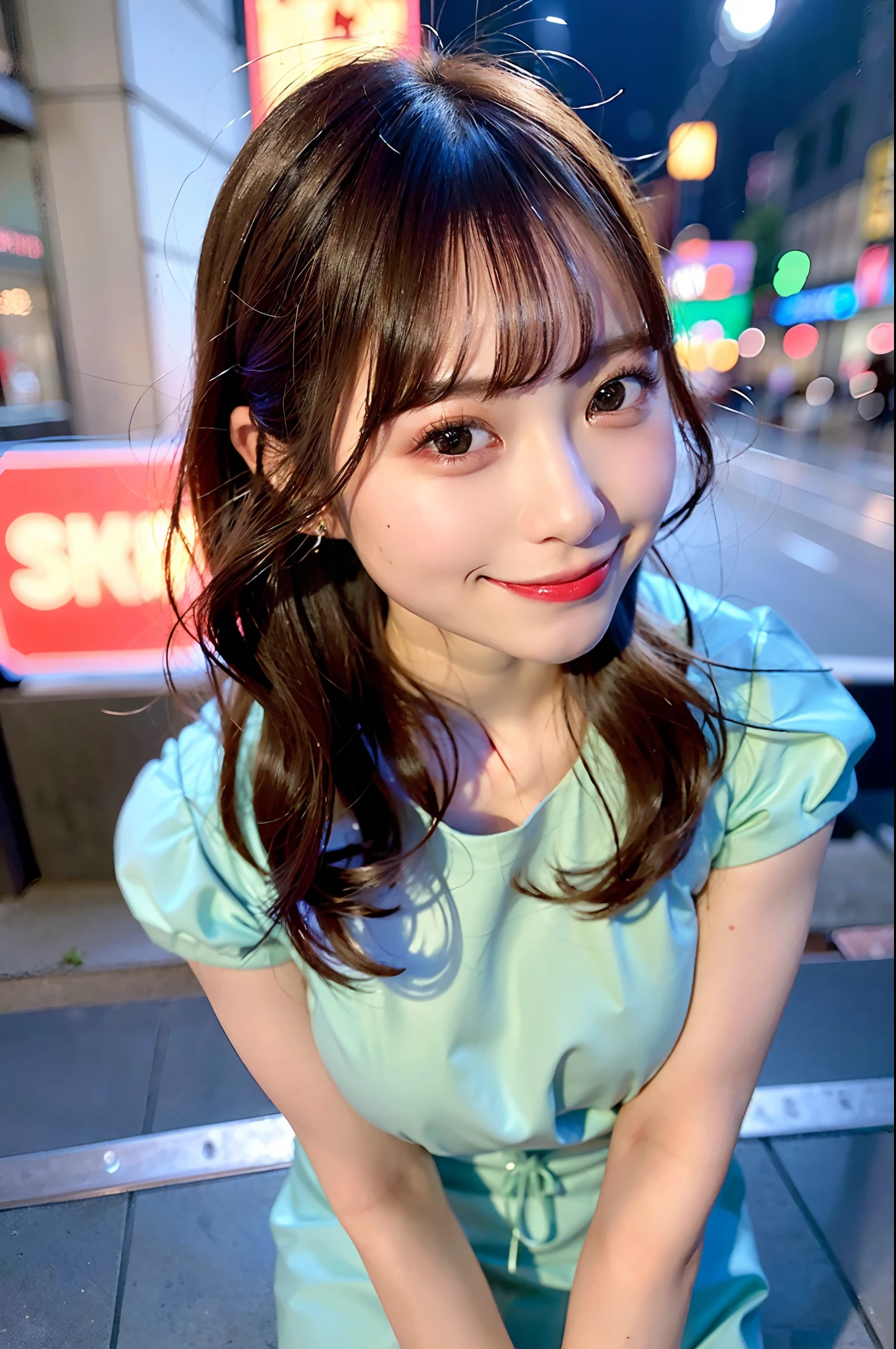 Look here and smile、Inside the city、Colorful summer clothes、masutepiece, Best Quality, Illustration, Ultra-detailed, finely detail, hight resolution, 8K Wallpaper, Perfect dynamic composition, Beautiful detailed eyes , Sexy face