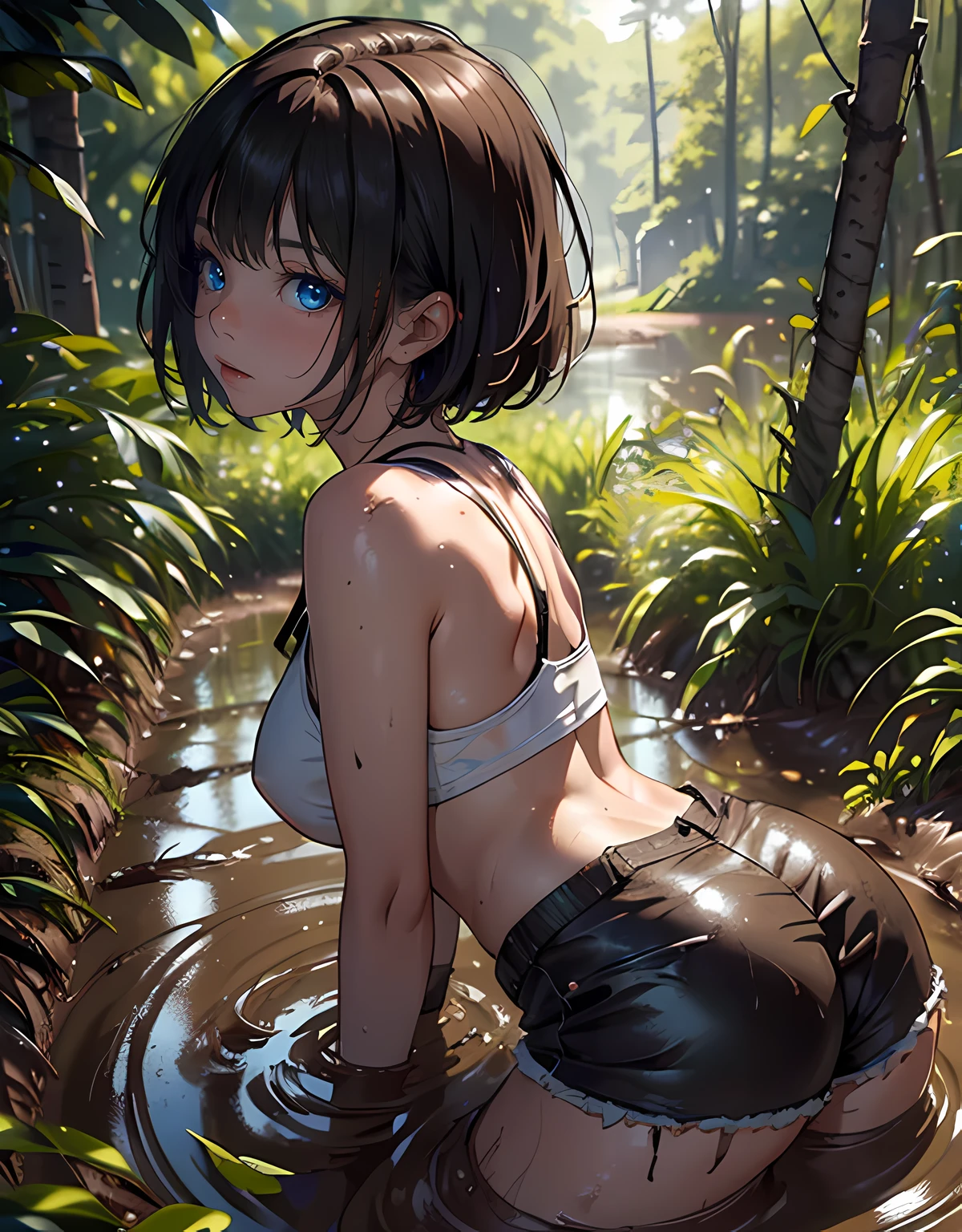 (masterpiece, highly detailed, best quality, official art, beautiful and aesthetic:1.3),(highly detail CG Illustration),(natural lighting),short hair,(1Girl:1.2),large breast:1.2,(stuck in the mud), the body covered in mud, plunging in, (the mud attached her limbs),sexy body,(white skin),Slender,(dirty crop top,shorts),tied up,soaked by mud,laying on your stomach, open legs, naughty posing,focus character,focus female, covered, mud:1.2,high angle,from back,(mud ground:1.4),great butt,