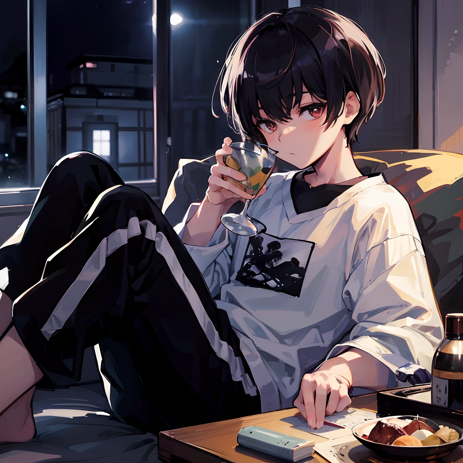 Japanese anime, beautiful young man, dark hair, bowl cut, cute loungewear, relaxing in room, drinking alone, lights on,high quality, amount of drawing, pixiv illustration