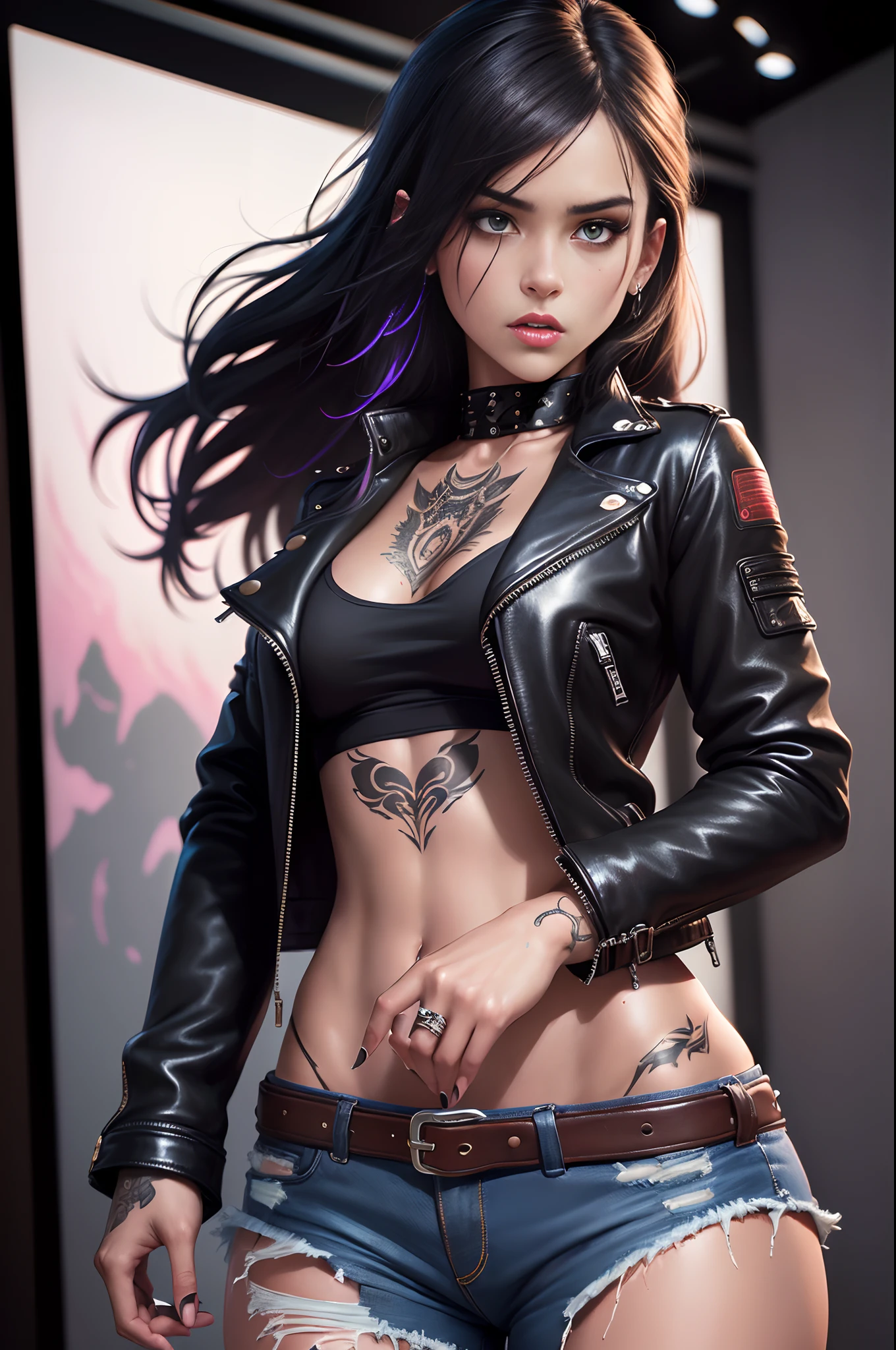 (medium:oil painting),(best quality,ultra-detailed,realistic:1.2),dark-haired girl with a fierce expression,rocking a leather jacket and ripped jeans,standing confidently in a dimly lit room,her body adorned with intricate tattoos and piercings,(vivid colors),(sharp focus),(studio lighting)