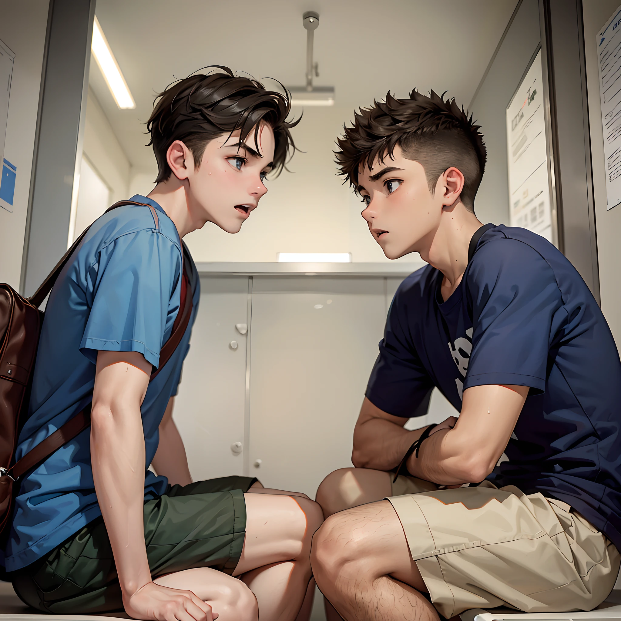 Two boys at school facing each other are angry, molestos, se miran con odio, They argue that you are