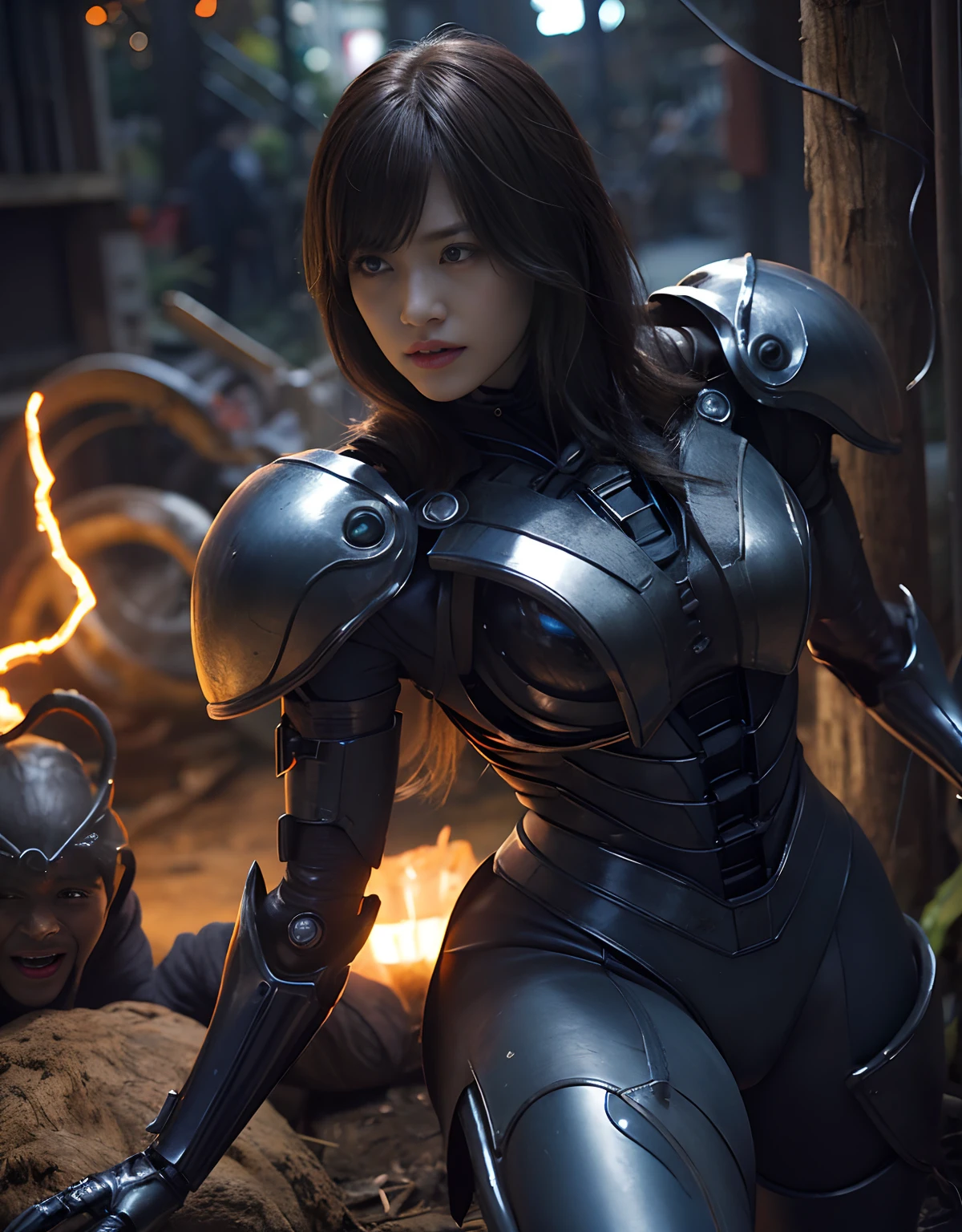 (1 Mechanical Girl)、top-quality、masterpiece、超A high resolution、(Photorealsitic:1.4)、Raw photo、1人、Fight mutants、glowy skin、(((1 Mechanical Girl)))、With a beautiful knife、(Red Metal Bodysuit)、(Fight goblings、ogre、Fierce battle with orcs),(Fight fiercely against aliens)、Fight fiercely、(beautiful forest background)、(Fighting Demonic Beasts)、(Small LED)、((super realistic details))、portlate、(Strong giant demon beast background),globalillumination、Shadow、octan render、8K、ultrasharp、Colossal tits、Raw skin is exposed in cleavage、metals、Details of complex ornaments、Japan details、highly intricate detail、Realistic light、(Mystical expression),CGSoation Trends、Blue eyes、radiant eyes、Facing the camera、neon details、(Mechanical limbs)、(blood vessels connected to tubes)、(Wires and cables connecting to the head)、Small LED、,Mechanical thighs、Toostock、(Hands are also made of machines)、(Attack of the Monster Beasts)、