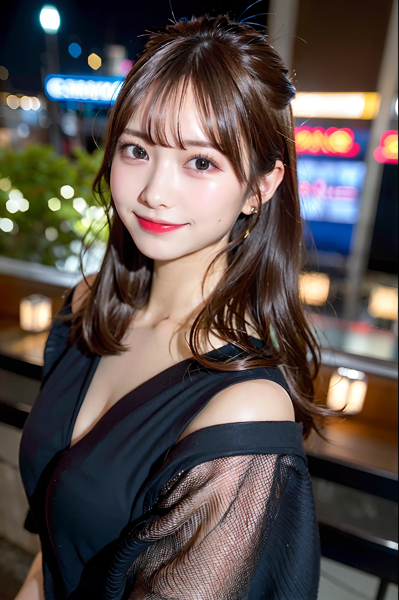 finely, High resolution, high quality、perfect dynamic composition, beautiful and fine eyes, medium hair, 、natural color lip,Kamimei、20 year old girl、1 person、transparent skin、shining hair、table top, 最high quality, super detailed, finely, High resolution, 8K、correct state of the human body、squat、sculpture model pose,beautiful ilumination,Photographed with hair fluttering in the wind,Blue long dress:1.5,my chest is open:1.5,)),My chest is exposed,big breasts,amusement park,Opens the chest area and emphasizes the chest