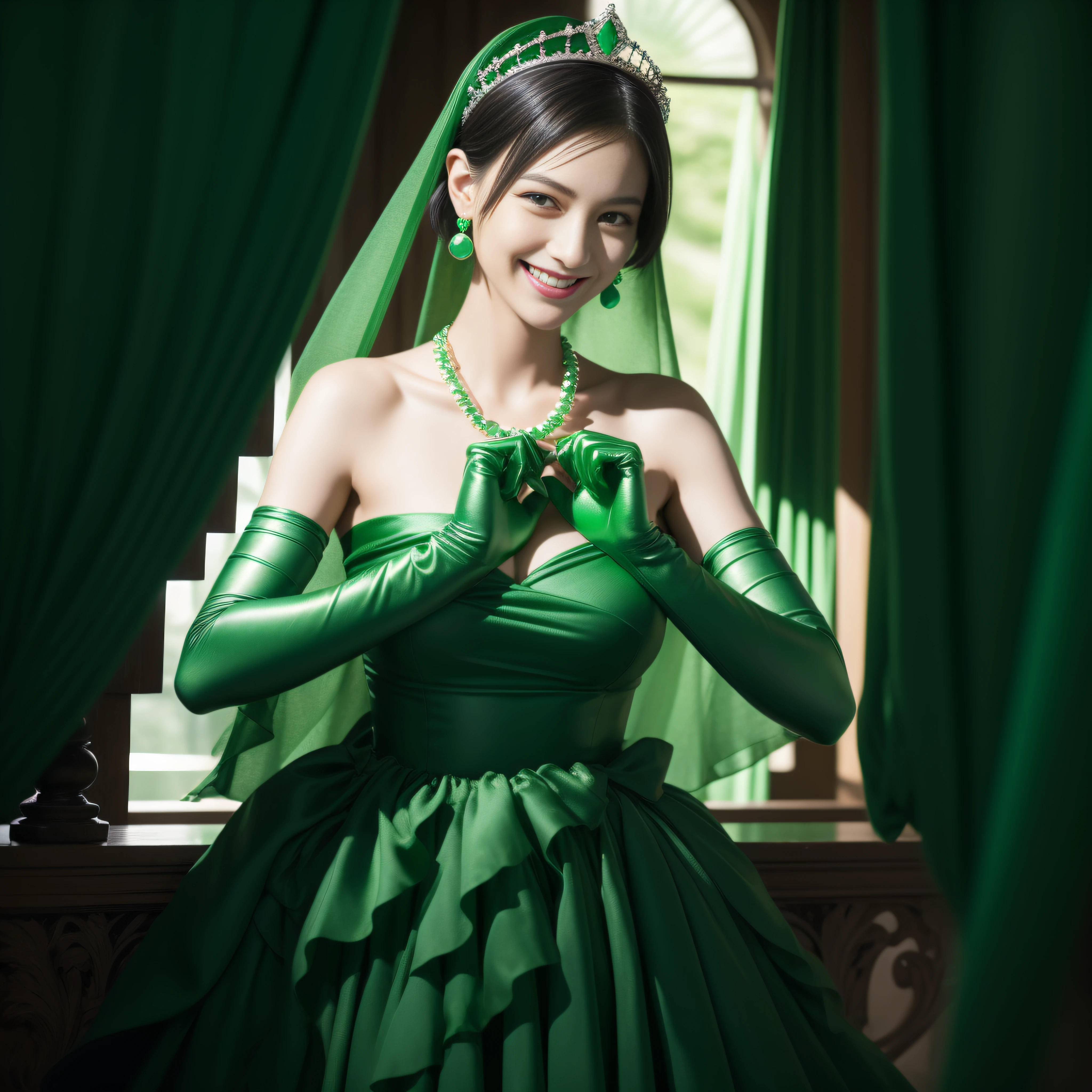 emerald tiara, Green Pearl Necklace, Boyish very short black hair, lipsticks, Japan woman smiling, very short short hair,  big breasts beautiful, Green eyes, Long green gloves made of satin material, Green eyes, Emerald Earrings