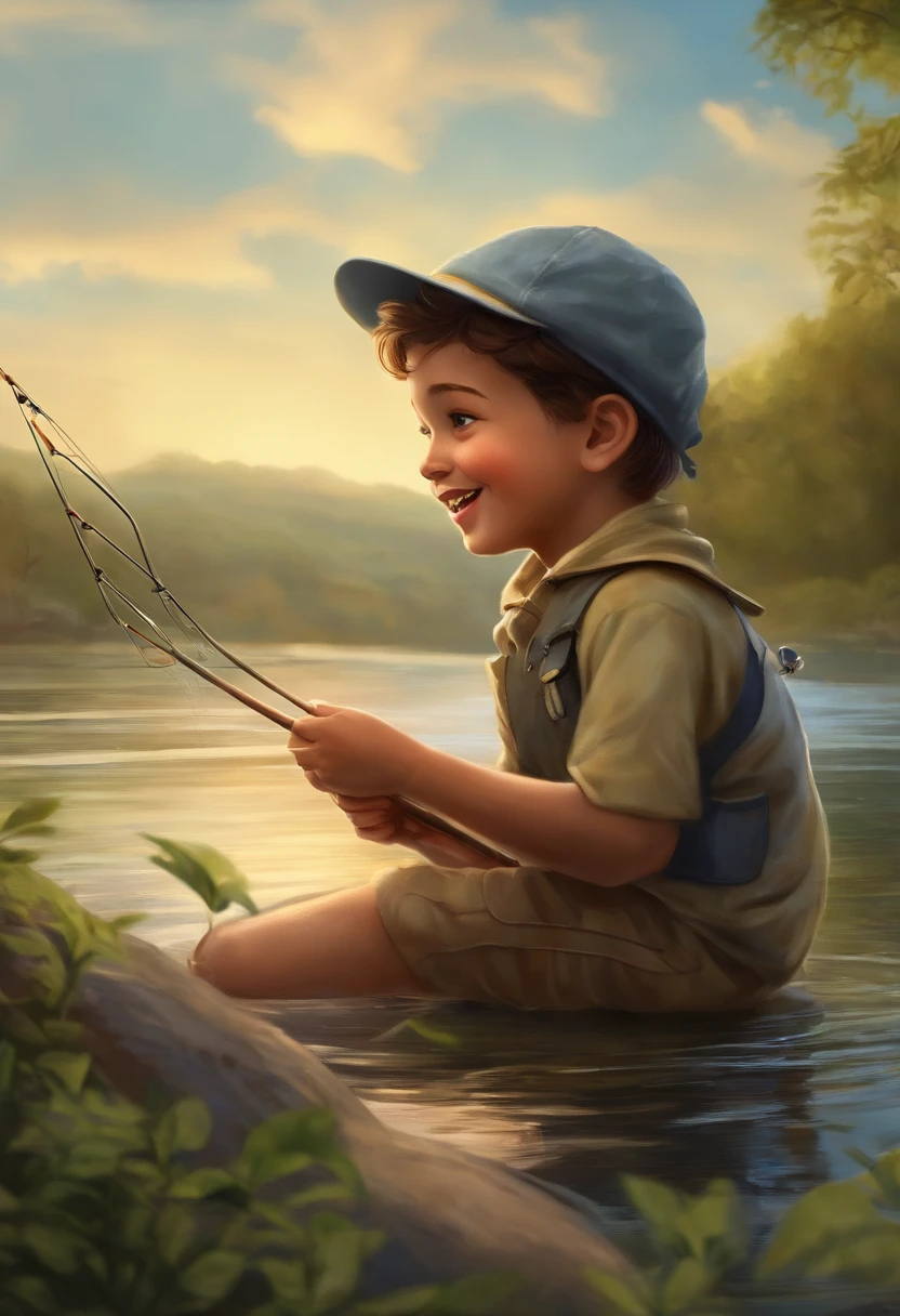 Boy Fishing,Caught,animesque,Laughing,a river