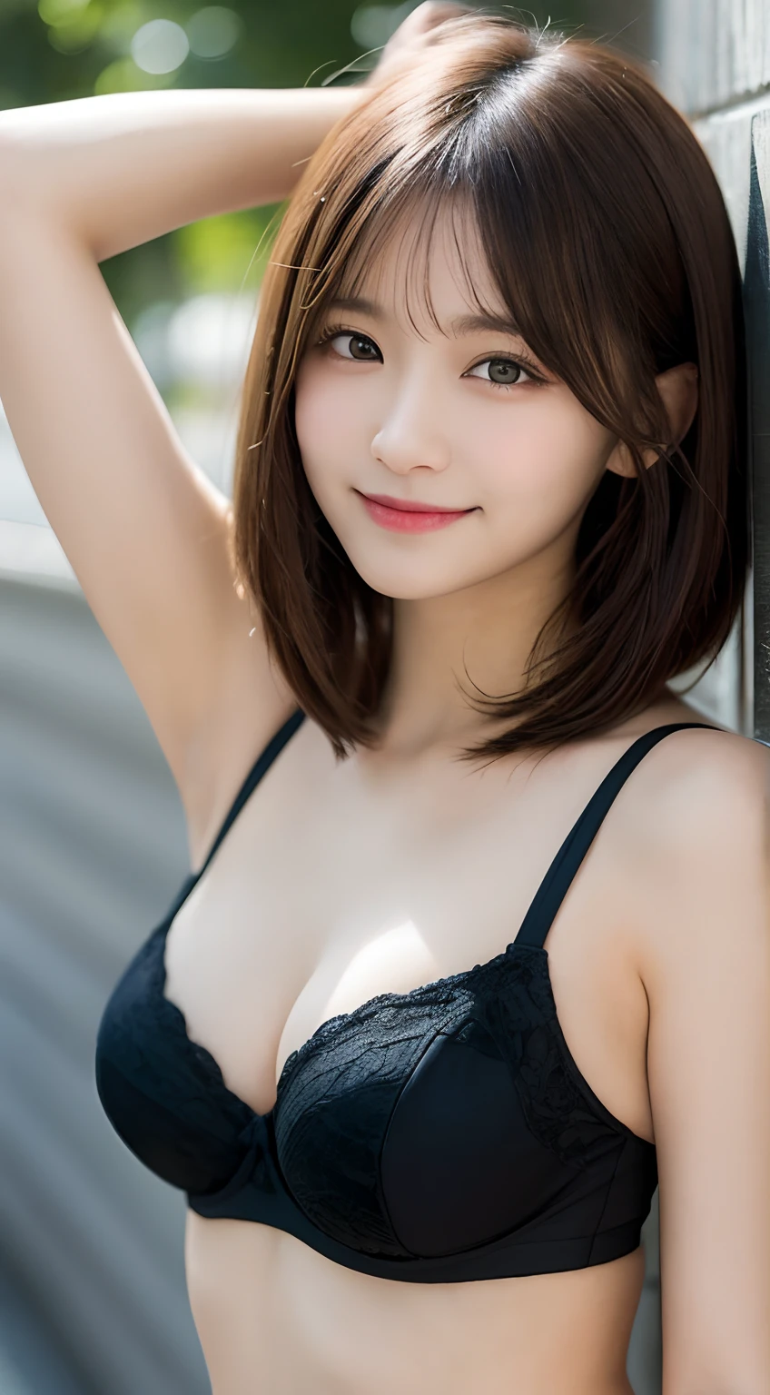 masutepiece, Best Quality, Illustration, Ultra-detailed, finely detail, hight resolution, 8K Wallpaper, Perfect dynamic composition, Beautiful detailed eyes, Women's Fashion Summer,Short bob hair,Small breasts natural color lip, Bold sexy poses,Smile,Harajuku,20 years girl,Cute,Sexy shot looking at camera,bra very,Armpits,hair adornments