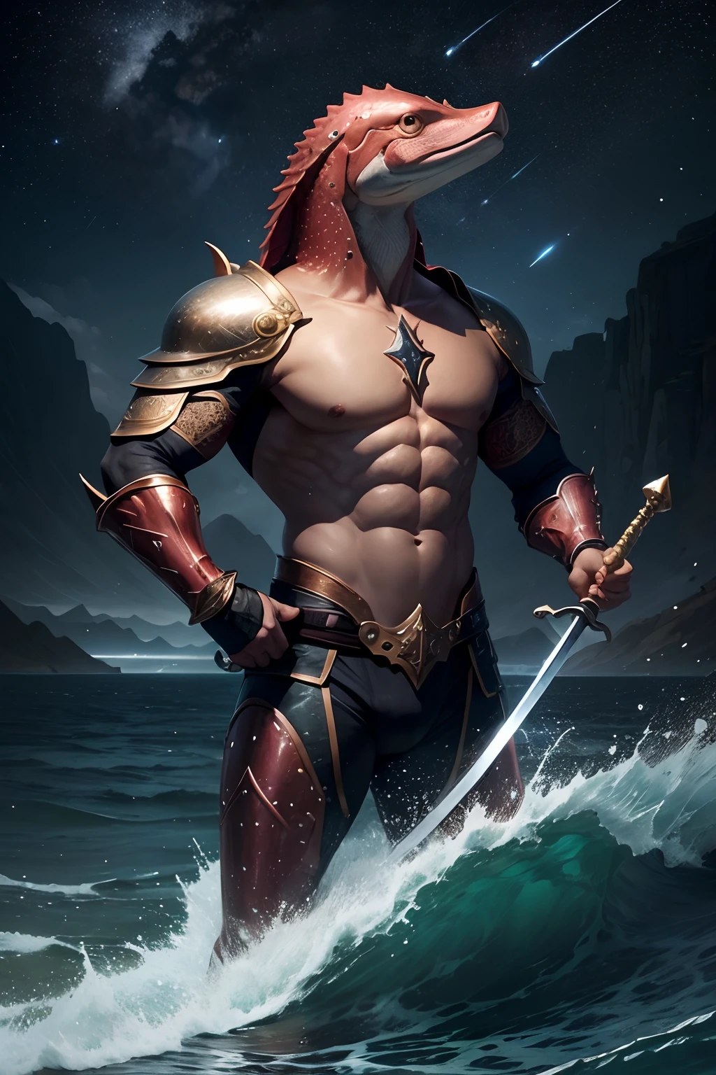 An anthropomorphic salmon holding a sword, in symbolic fight to the paradox of being born in water just to end as lover of astronomy. Sea and dark starry sky as background.