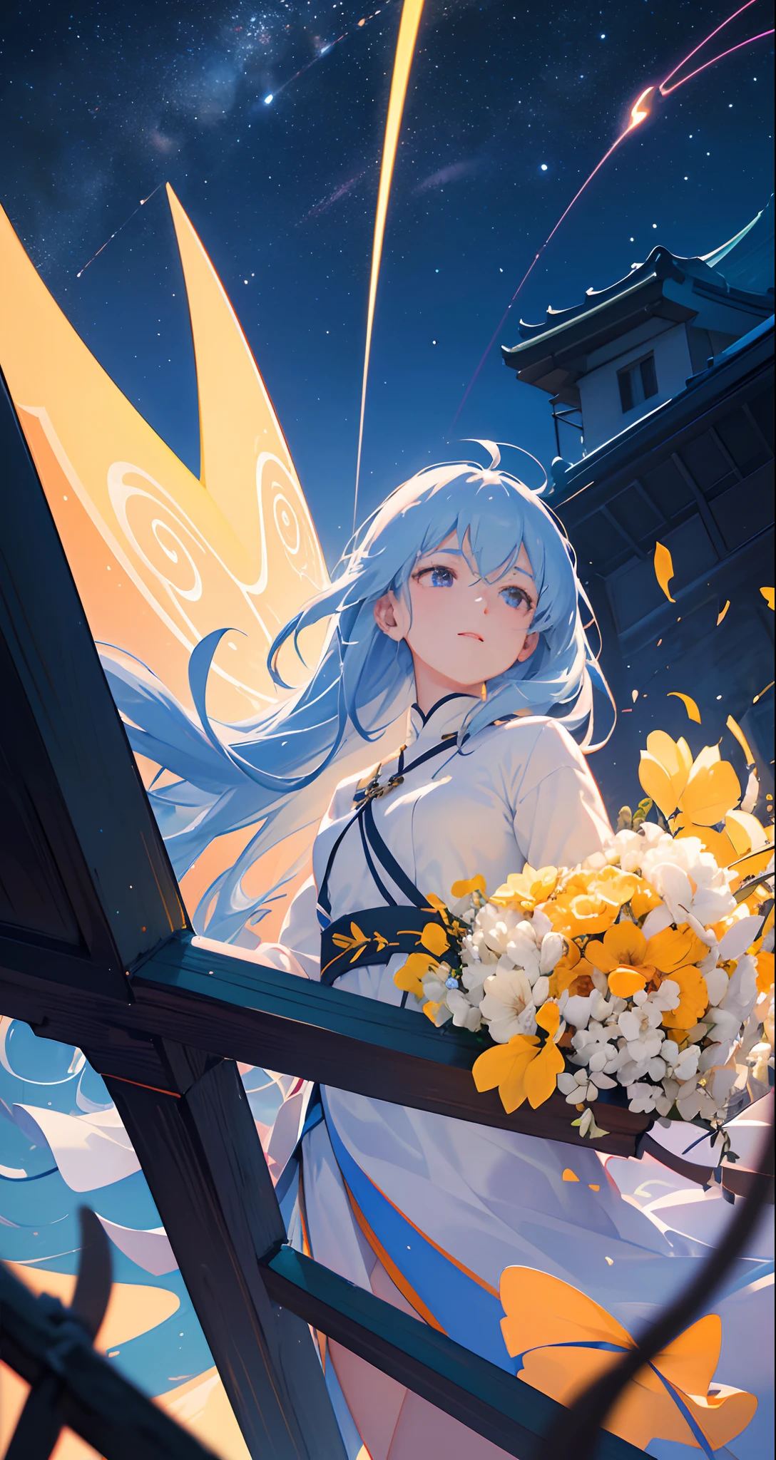 masterpiece、top-quality、Movie stills、One girl、Floating in the night sky、(a closeup:1.1)、with light glowing、Happiness、A delightful、Soft lighting、(Bauhaus、form、Line、abstracted:1.1)、nigh sky、stele、natta