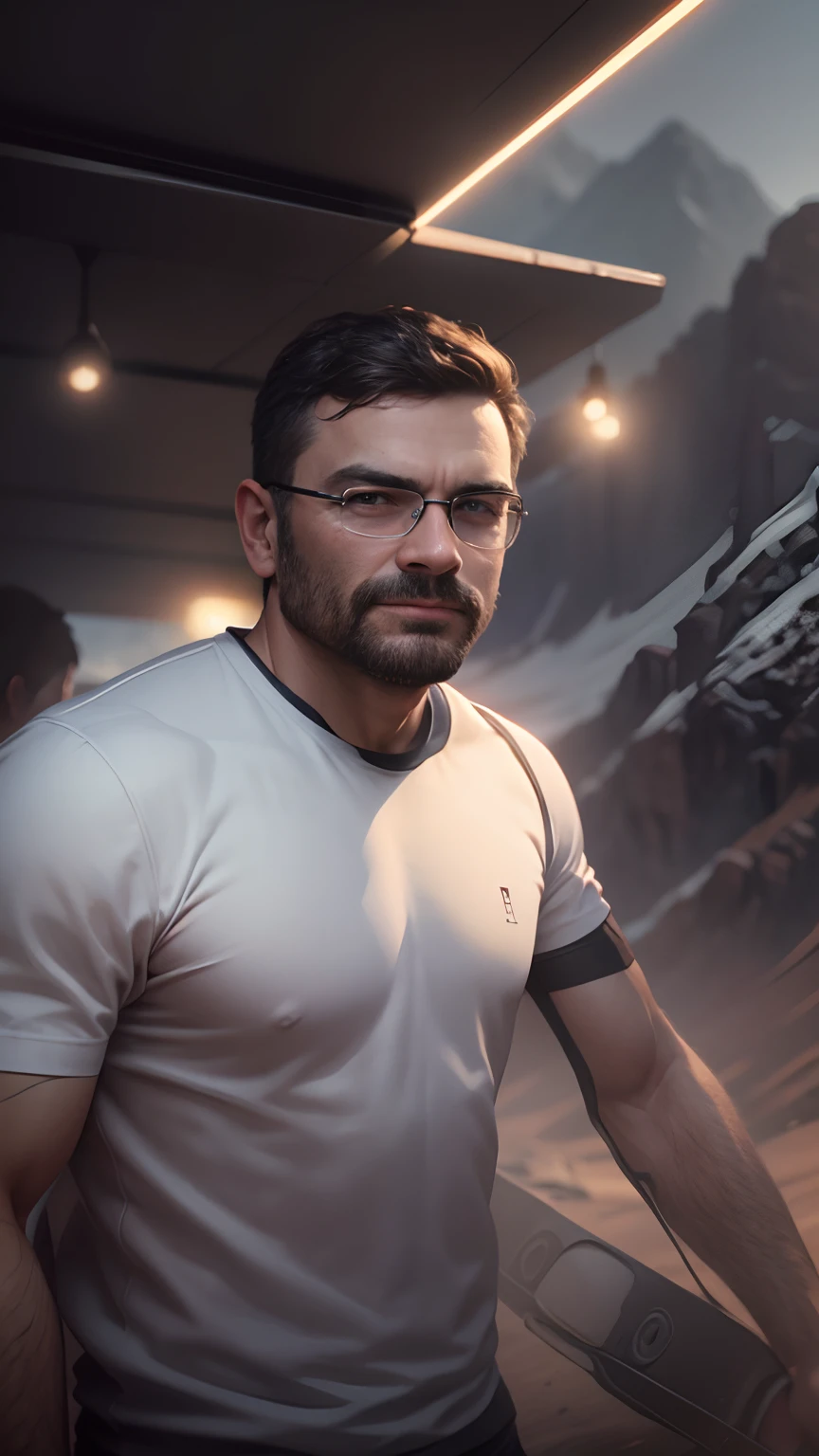 The face of the man should look similar to the uploade image, realistic, mountainous background