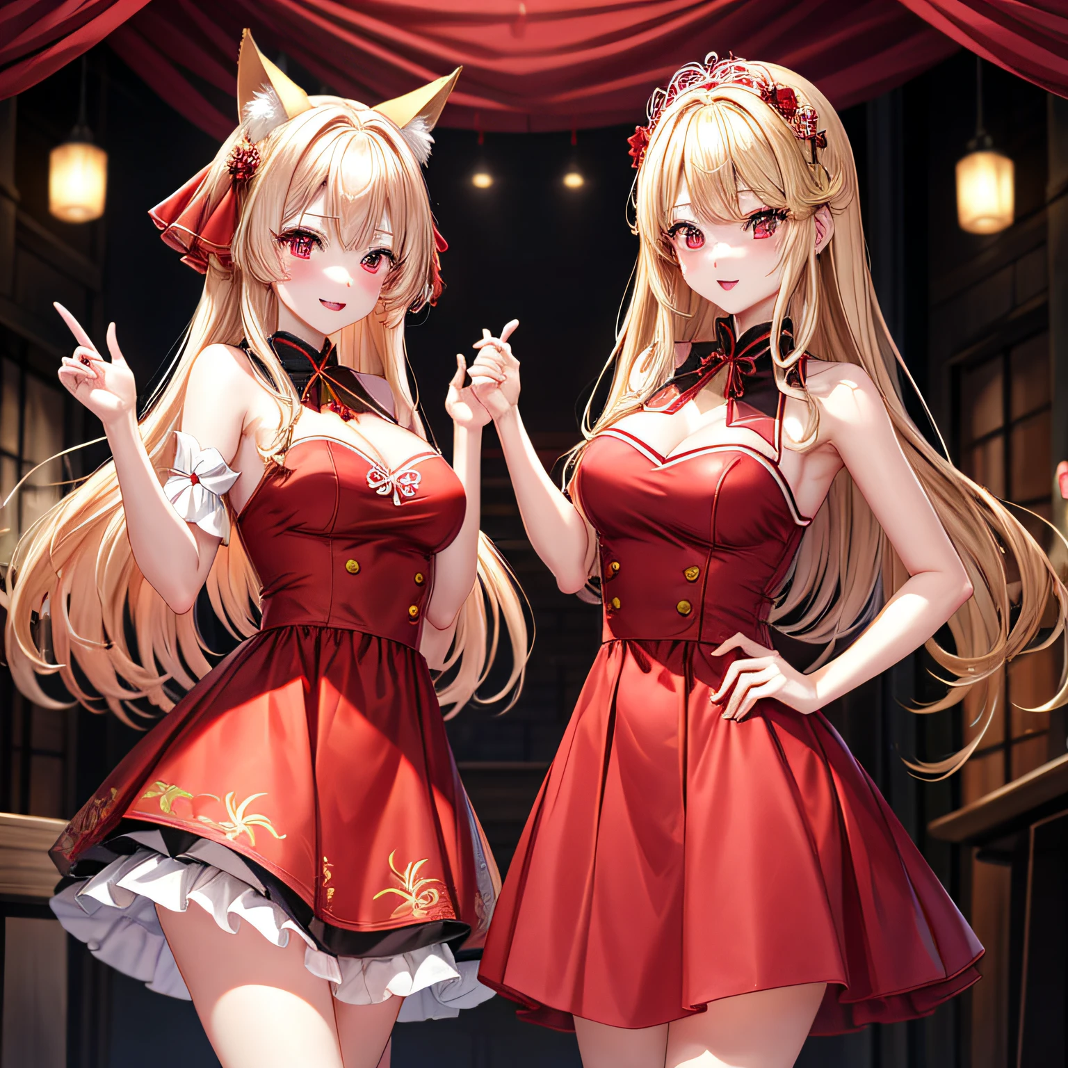 Female wolf, wears short maid clothes showing her panties, has long fluffy blonde hair, has red eyes, has large breasts, He has wolf ears and a wolf tail.