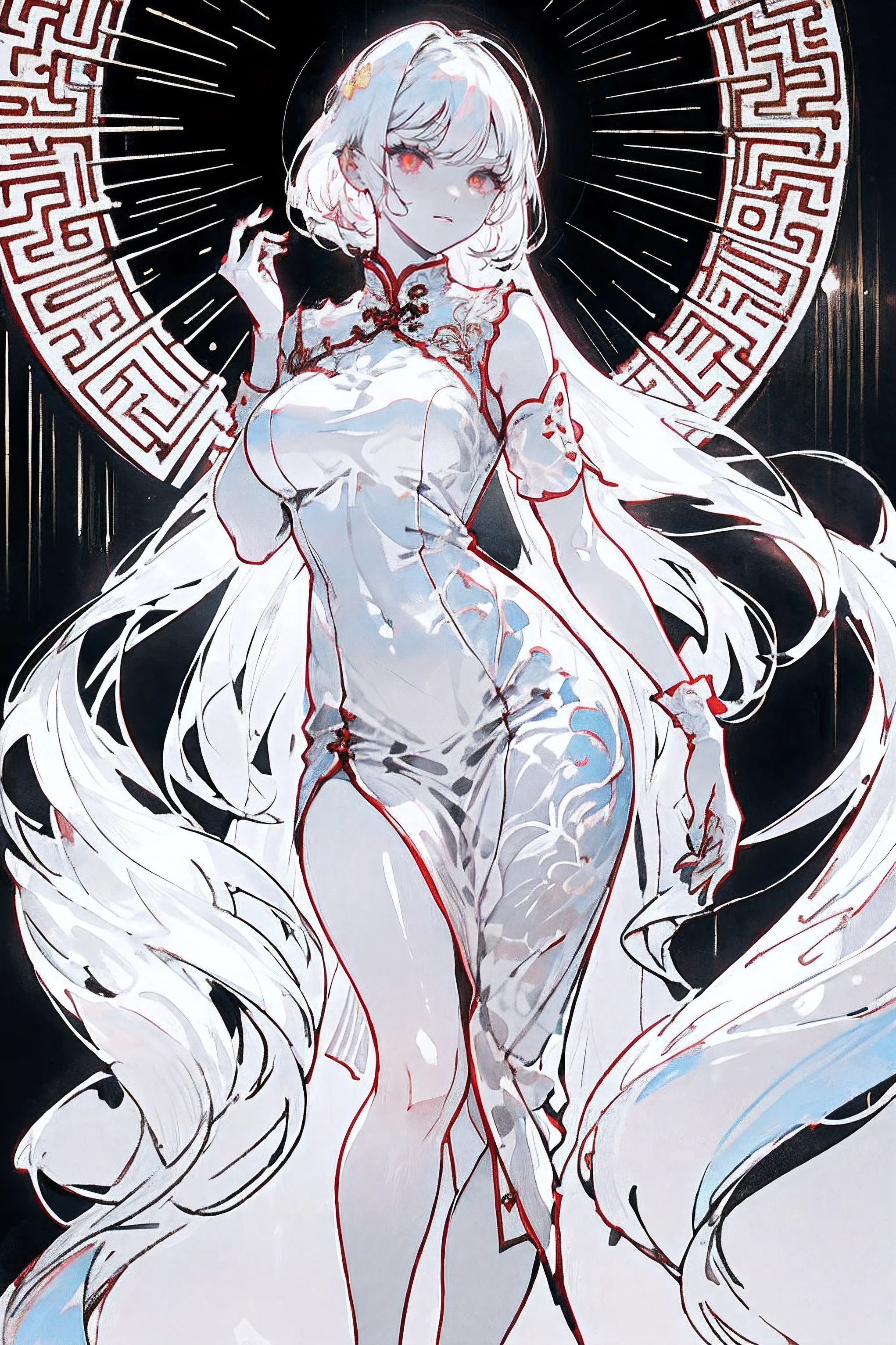 1girl,Line Art,sketch,Pencil drawing,traditional media,((perfect female figure)), white hair, red eyes, mature female, milf, narrow waist, chinese deity, looking at viewer, seductive posture, sexy pose, alluring, clean, beautiful face, pure face, pale skin, absurdly long hair, (huge breasts,breasts out, puffy ), shiny skin, skindentation,delicate pattern, intricate detail, (rich:1.4), (extremely detailed 8K chinese long embroidery silkrobe and silk long clothes and dress:1.2),slim body