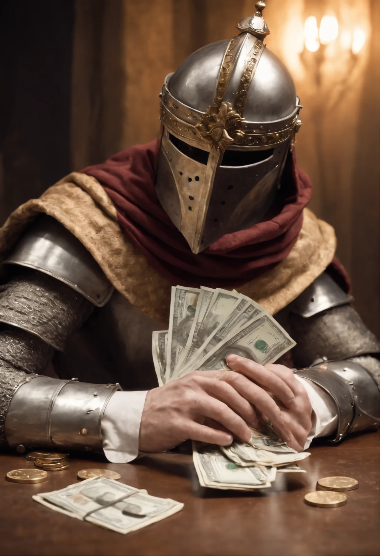 Solaire of Astor’s from Dark Souls holding a stack of money up to the camera fish eye lens.