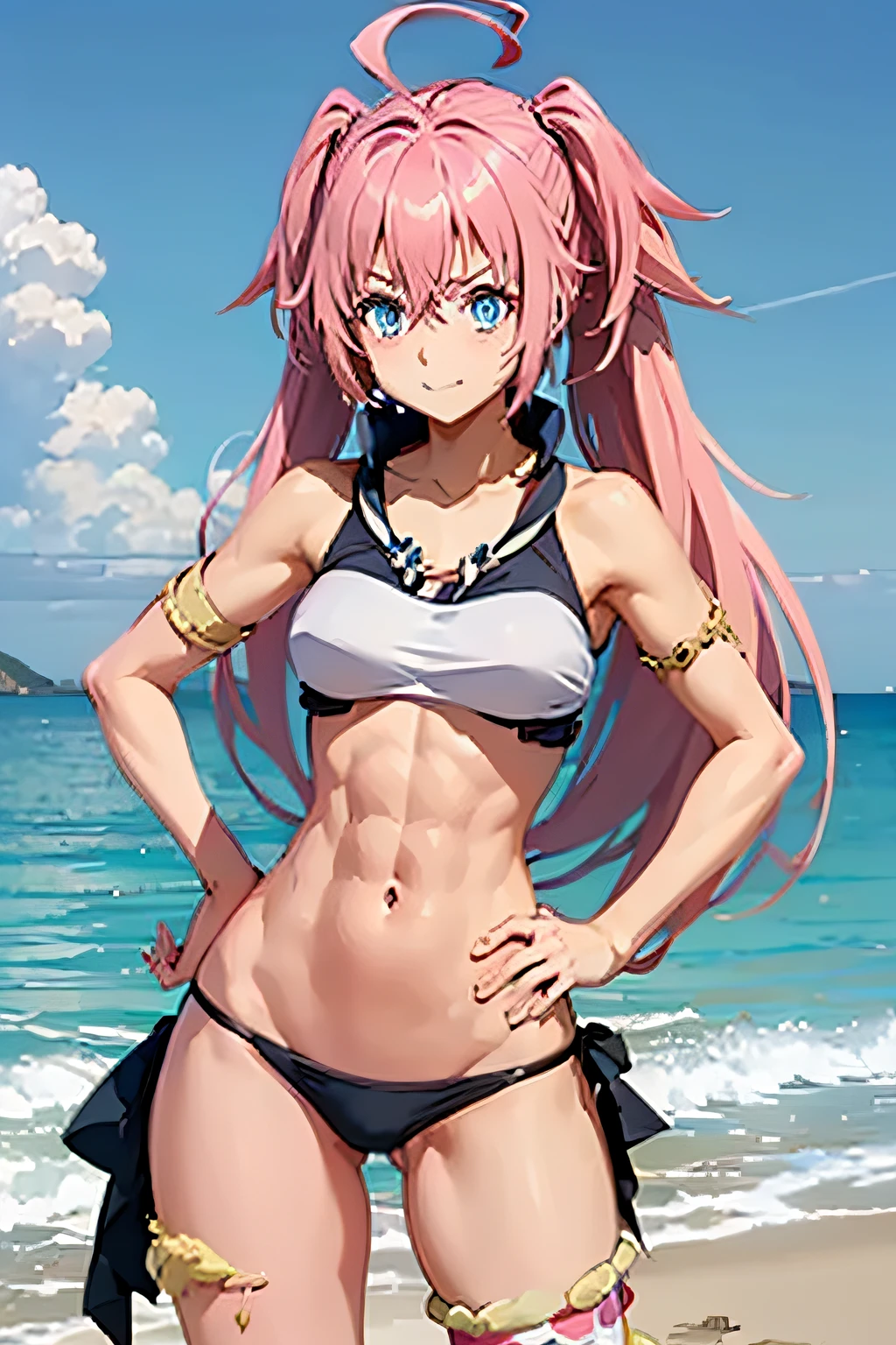 ((female)), (very messy hair), (embarrassed), fangs, ((ripped abdomen)), toned arms and legs, small breasts, excessive sweating, (summer beach scene), blue eyes, yacht in the background , high quality, 8k, faithful to the original, hands on hips