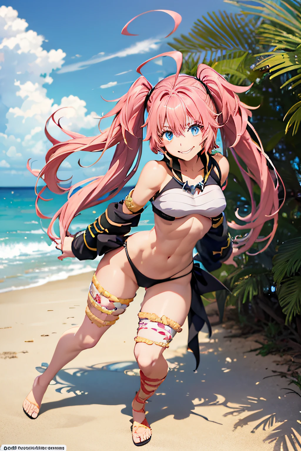 (female)), (very messy hair), ((evil smile)), fangs, ((ripped abdomen)), toned arms and legs, medium breasts, excessive sweating, (summer beach scene), blue eyes, yacht in the background, ((full body photograph)), ((showing beautiful legs)),