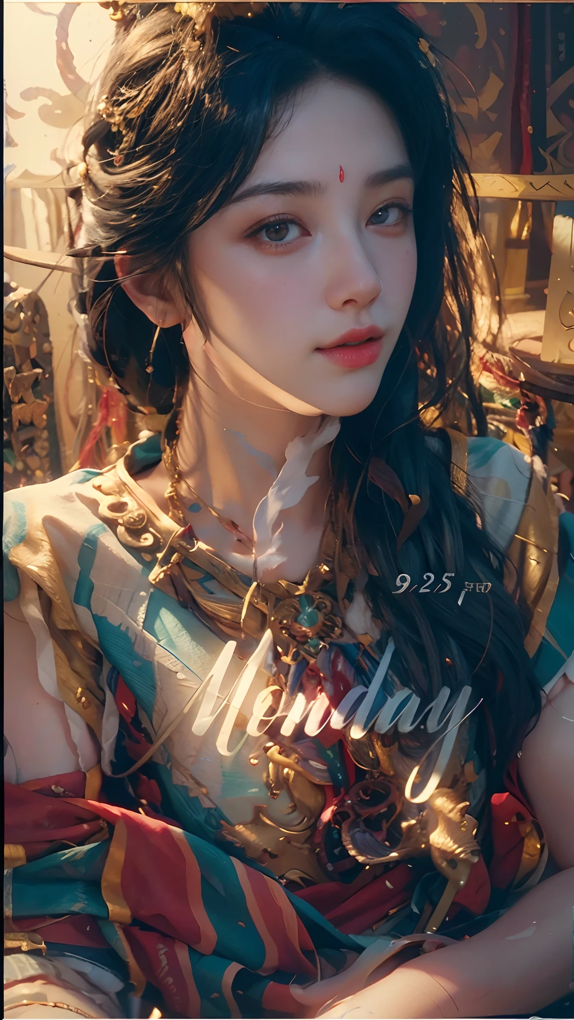 (RAW photo, best quality), (realistic, photo-realistic:1.3),best quality,highly detailed,masterpiece,ultra-detailed,illustration,1girl,upper_body,dynamic angle,world masterpiece theater,messy_long_hair,best quality,extremely detailed CG unity 8k wallpaper,ink,Amazing,cinematic lighting,lens_flare, dunhuang_style