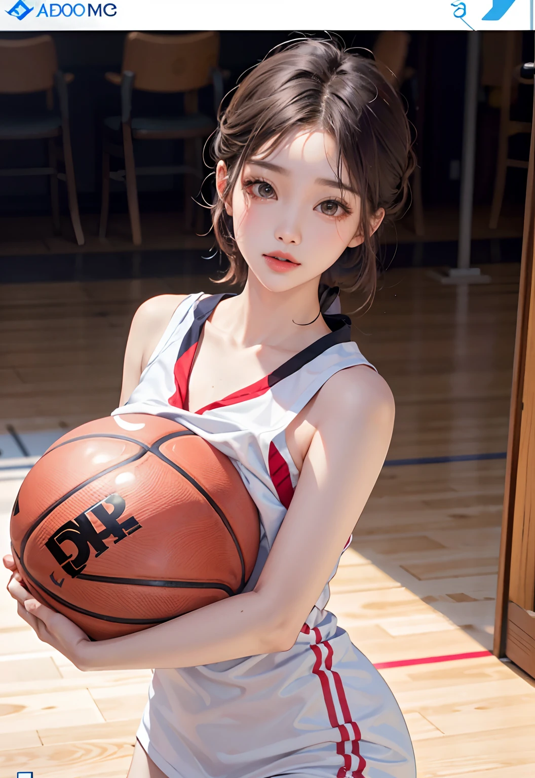 Masterpiece: 1.2, Best Quality), Realism, (Real Pictures, Intricate Details, Depth of Field), (1girl, Solo), Makeup, Lips Apart, High Detail, Perfect Face, (Huge Breasts: 1.4), (Skindentation), ((Slender Legs)), Wide Buttocks, Thin Waist, Tall, Coral Lips, Long Hair, Dark Eyes, ((Haruko Akagi, Red Basketball Suit, Denim Shorts)), (Sweating: 1.2), (Wet), Sexy, Blushing,