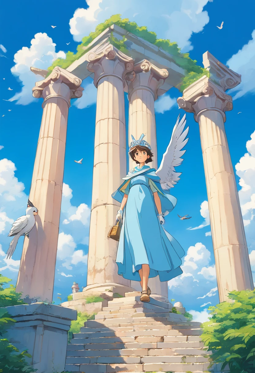 A mysterious actor with a bird mask stands atop ancient Greek columns, surrounded by fields of vibrant blue and white . In the background, an old cartoon plays out, adding a touch of whimsy to the scene. The actor's mask is intricately detailed, with feathers and beak-like features, while the rest of their attire is reminiscent of ancient Greek fashion. The composition of the image is carefully crafted, with the stairs leading up to the columns and the clouds in the sky adding depth and movement.