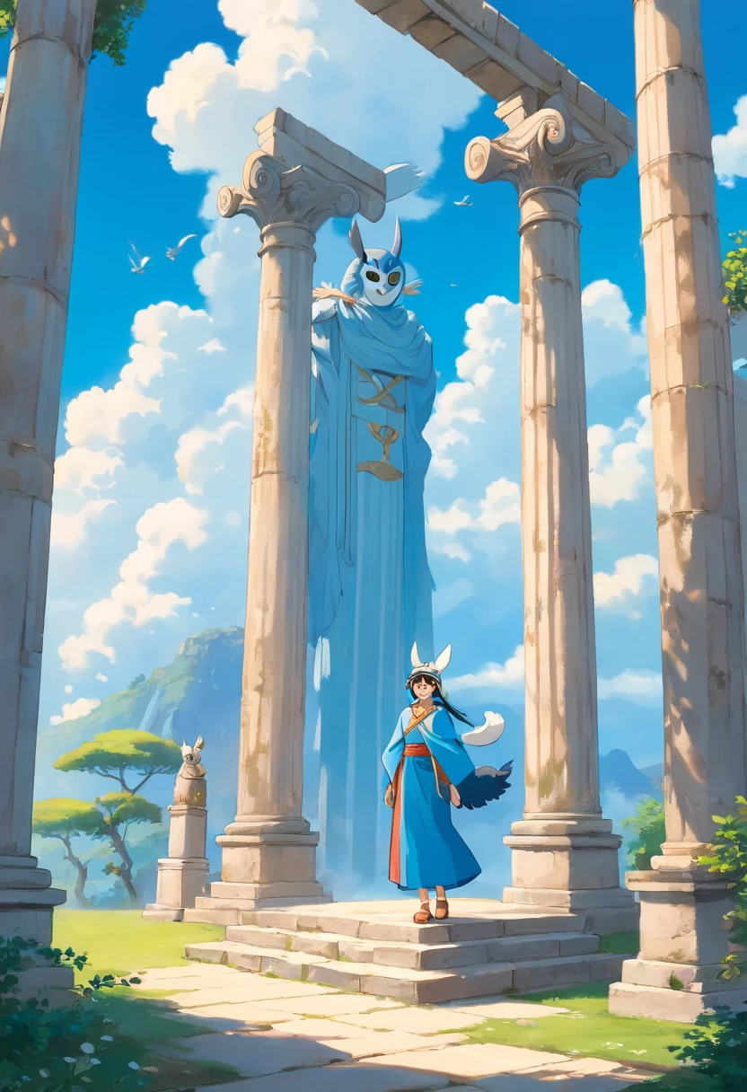 A mysterious actor with a bird mask stands atop ancient Greek columns, surrounded by fields of vibrant blue and white . In the background, an old cartoon plays out, adding a touch of whimsy to the scene. The actor's mask is intricately detailed, with feathers and beak-like features, while the rest of their attire is reminiscent of ancient Greek fashion. The composition of the image is carefully crafted, with the stairs leading up to the columns and the clouds in the sky adding depth and movement.