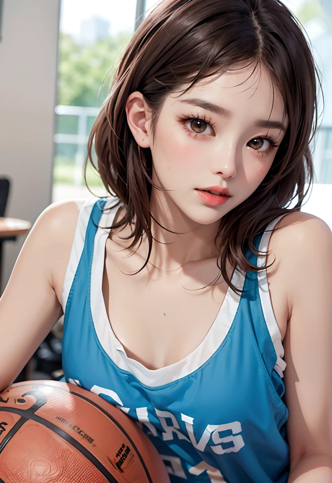 (8K, RAW photos, best qualtiy, tmasterpiece:1.2), (realisticlying, photograph realistic:1.4), illustratio, A high resolution,hexagons,(1girll), opulent, Rough skin, (Oval shaped face:1.1), European girl,profesional lighting, photon maping, Radio City, physically-based renderingt, adolable,,Bigchest,playing basketball in basketball court,PureErosFace_V1:0.3