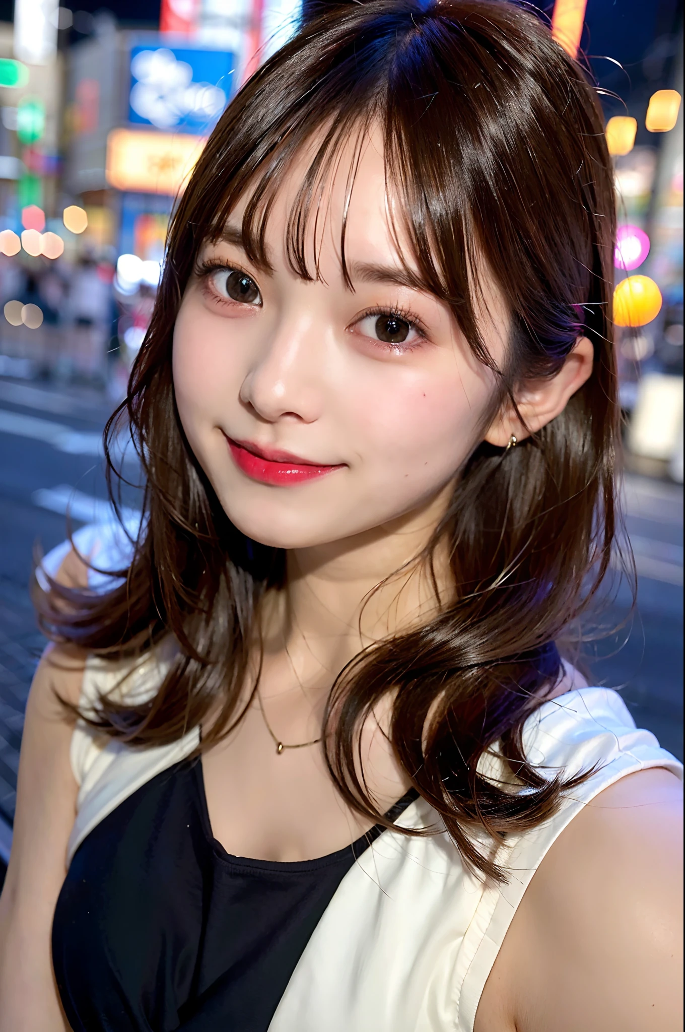 (highest quality、8k、32k、Masseter muscle area、Hmph:1.2)、profile、(Slim figure:1.2)、(Lips) 、18-year-old、Cute pose、Unbelievably ridiculous、(Akihabara at night:1.3)、Good top、huge 、double eyelid、Glowing Skin、Realistic Layer、Beautiful Face、(Laughter:1.3)、squat、(From above:1.2)、(Close-up:1.4)、Blurred Background、(Front Focus)、(dark: 1.6)、Fantasy art、Photorealistic、Professional Lighting、Highly detailed face、Awards、Deep Shadow