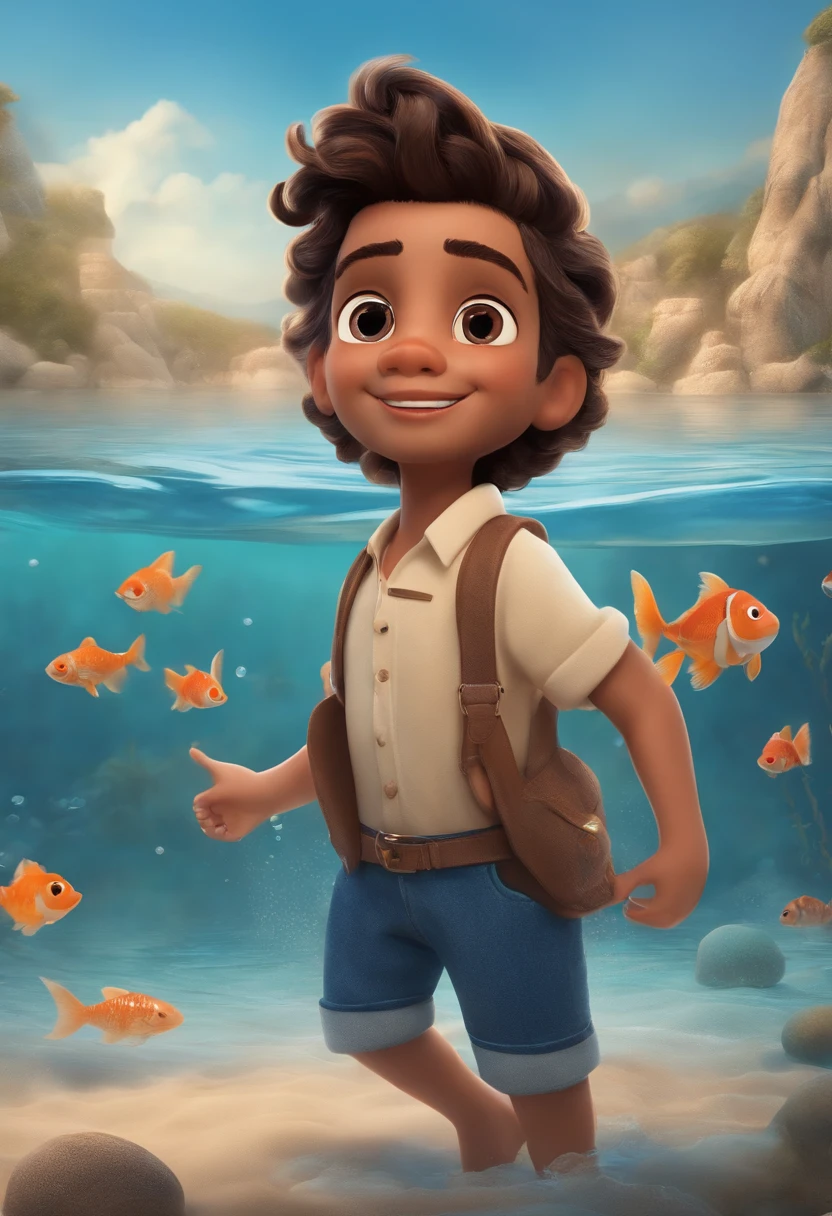 qualidade de imagem do filme,style of disney animation,A boy swims in the sea with a koi in his arms,cabelo curto e detalhado,Denim suspenders,Bare feet,profundidade de campos,Luz alta,luz real,Traching de raias,oc renderizado,hyper-realistic,melhor qualidade,8k,Obras de mestres,super-fino,pelos pubianos detalhados,anatomia correta,sharp focus on eyes,Bokeh,When Families Set Up Tents in the Woods for Picnics,Facial features are carefully described,Joyful laughter and birdsong fill the air with children's drawings