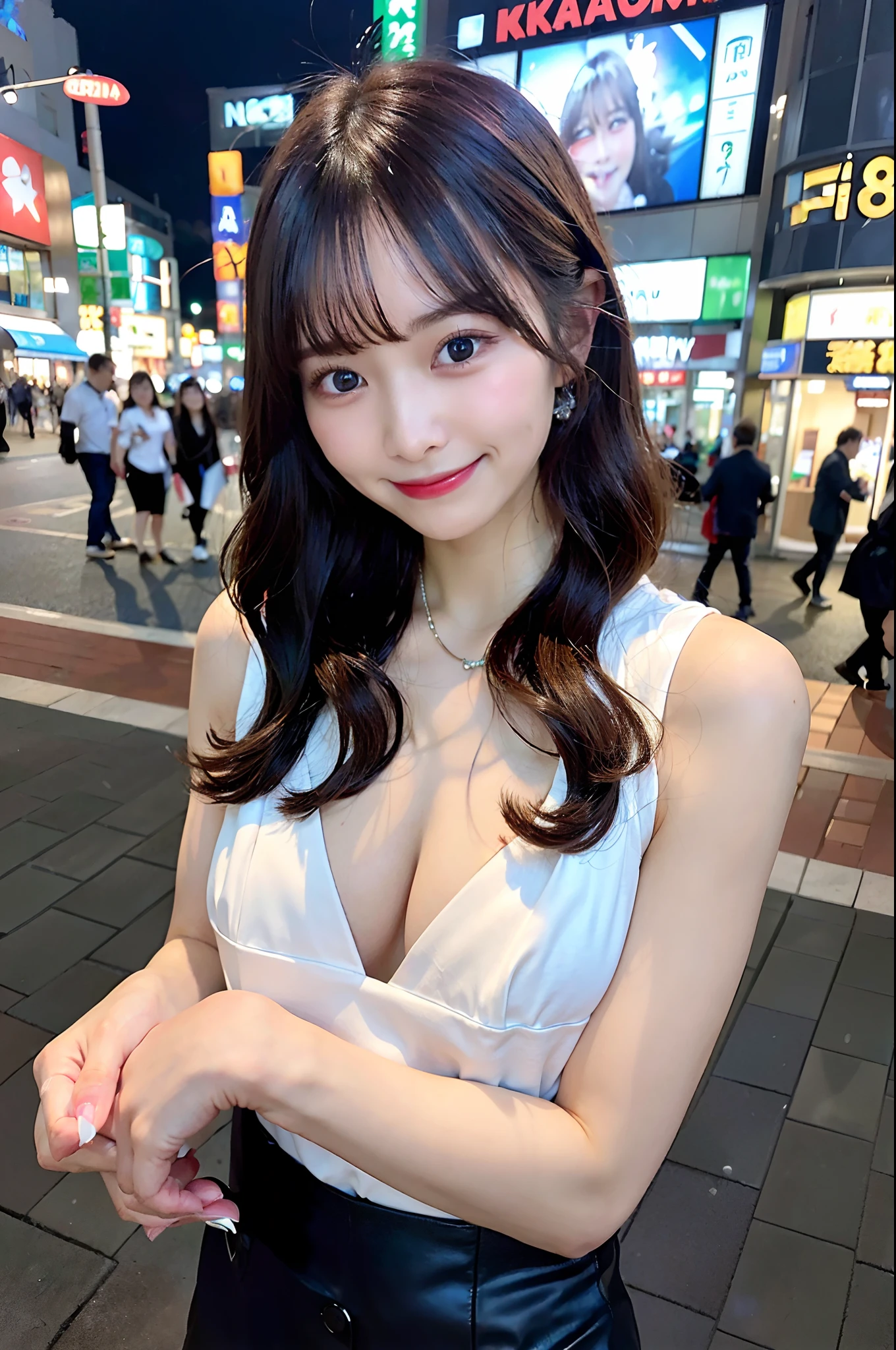 (top-quality、8K、32K、masuter piece、nffsw:1.2)、profile、(slim figure:1.2)、(s lips) 、18year old、kawaii pose、Incredibly ridiculous、(Akihabara at night:1.3)、Katyusha、Colossal tits、二重まぶた、shinny skin、Realistic rays、mare、beauitful face、(A smile:1.3)、crouching down、(From above:1.2)、(a closeup:1.4)、blurry backround、(Front Focus)、(Dark: 1.6)、Fantasy Art、photoRealstic、Professional Lighting、extra detailed face、Award-winning、deep-shadows