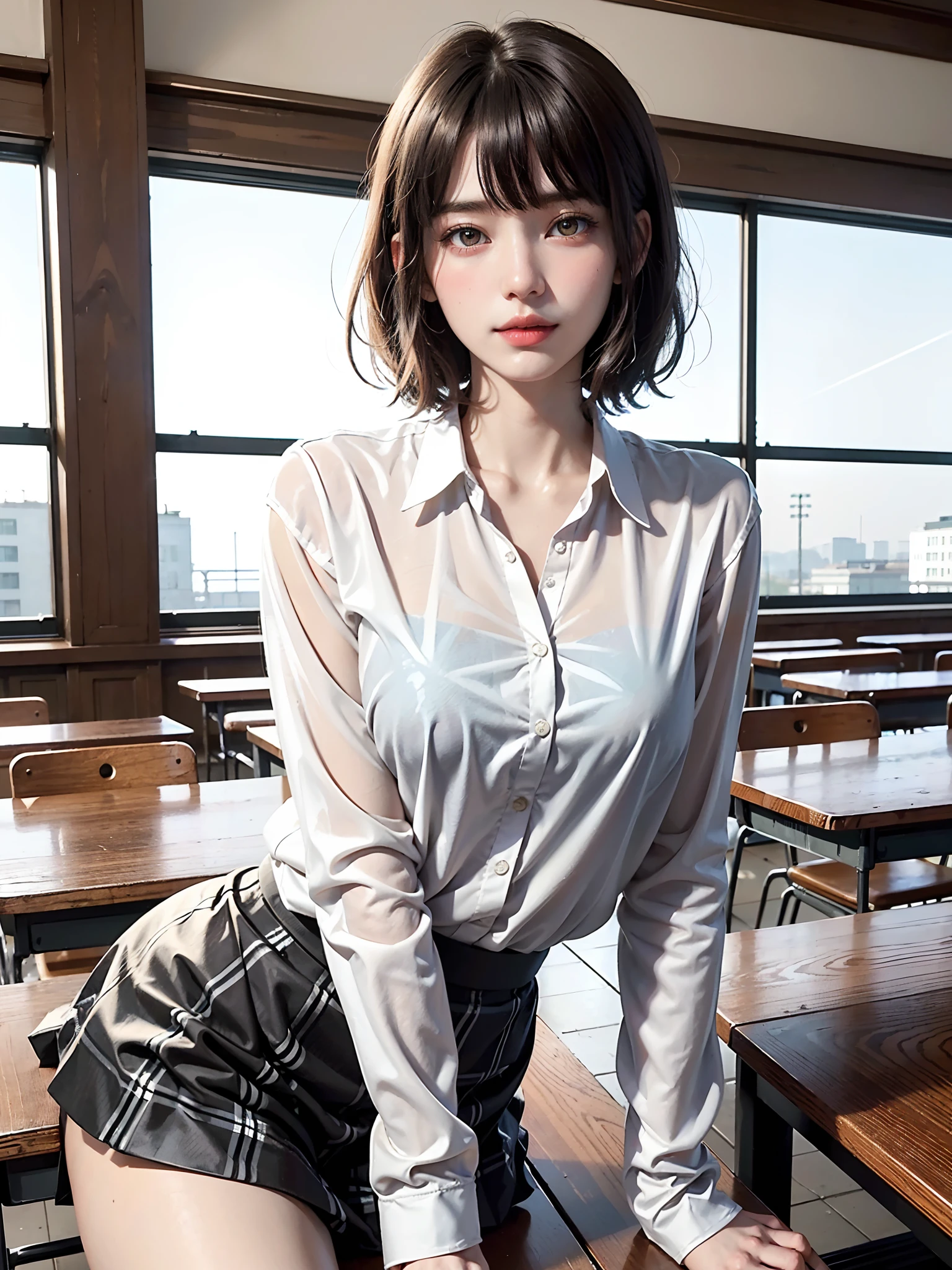 (​masterpiece、top-quality:1.2), Surreal Schoolgirl, 独奏, 1girl in, Yukinoshita Yukino, (shinny skin、wetted skin:1.2), Wearing sweat, I'm smiling really happily, Watch your audience carefully, all-fours, 校服, white  shirt, plaid skirts, thighs thighs thighs thighs, PM, Classroom Surreal High School Girl、Very tall woman、short hair with clean bangs of 46 points,,,、the neck is long、Put your ears out、Distinct double eyelids、big eye、The beauty of the golden ratio、Perfect Anatomy、Perfect and detailed body