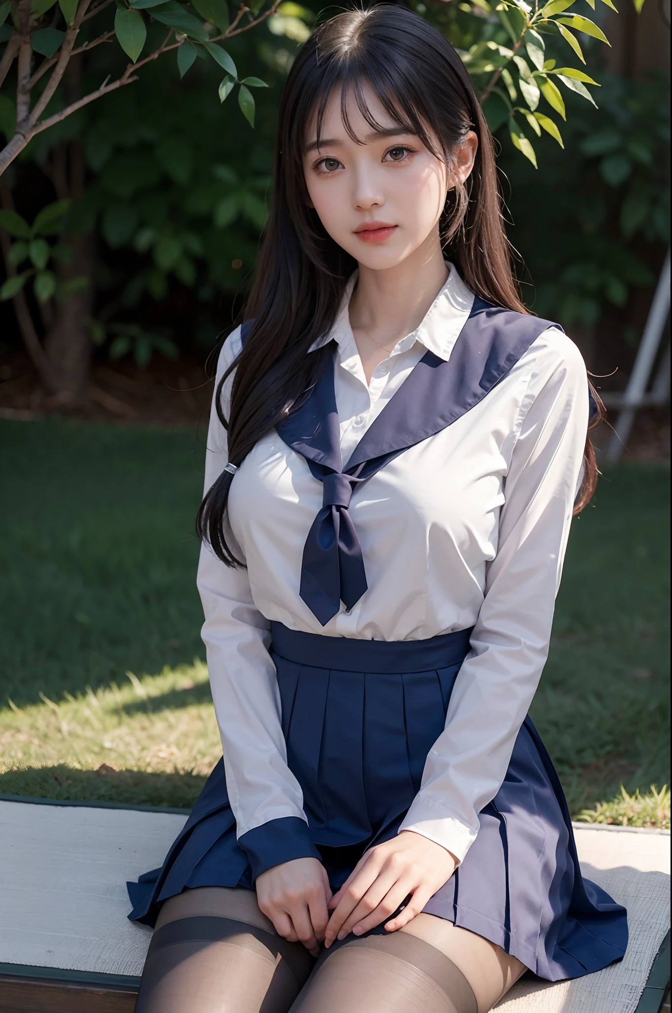 Girl VN02, Ultra realistic schoolgirl in summer uniform, ************ girl、serafuku、Seifuku, Color Sailor Uniform, Japan school uniform, Tempting smile、Japanese ido、Skirt and thighs、Sitting on the lawn、Sitting, (Wearing pantyhose、Ultra-realistic pantyhose)、Raw photo, (in 8K、top-quality、​masterpiece:1.2)、(intricate detailes:1.4)、(Photorealsitic:1.4)、octane renderings、Complex 3D rendering ultra detail, Studio Soft Light, Rim Lights, vibrant detail, super detailing, realistic skin textures, Very detailed CG Unity 16k wallpaper, make - up, (detailedbackground:1.2),　shinny skin、turned around、Exposed thighs!!!、